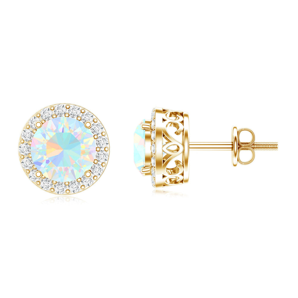 1.6 Carat Round Ethiopian Opal Stud Earrings with Diamond Halo in Prong Setting