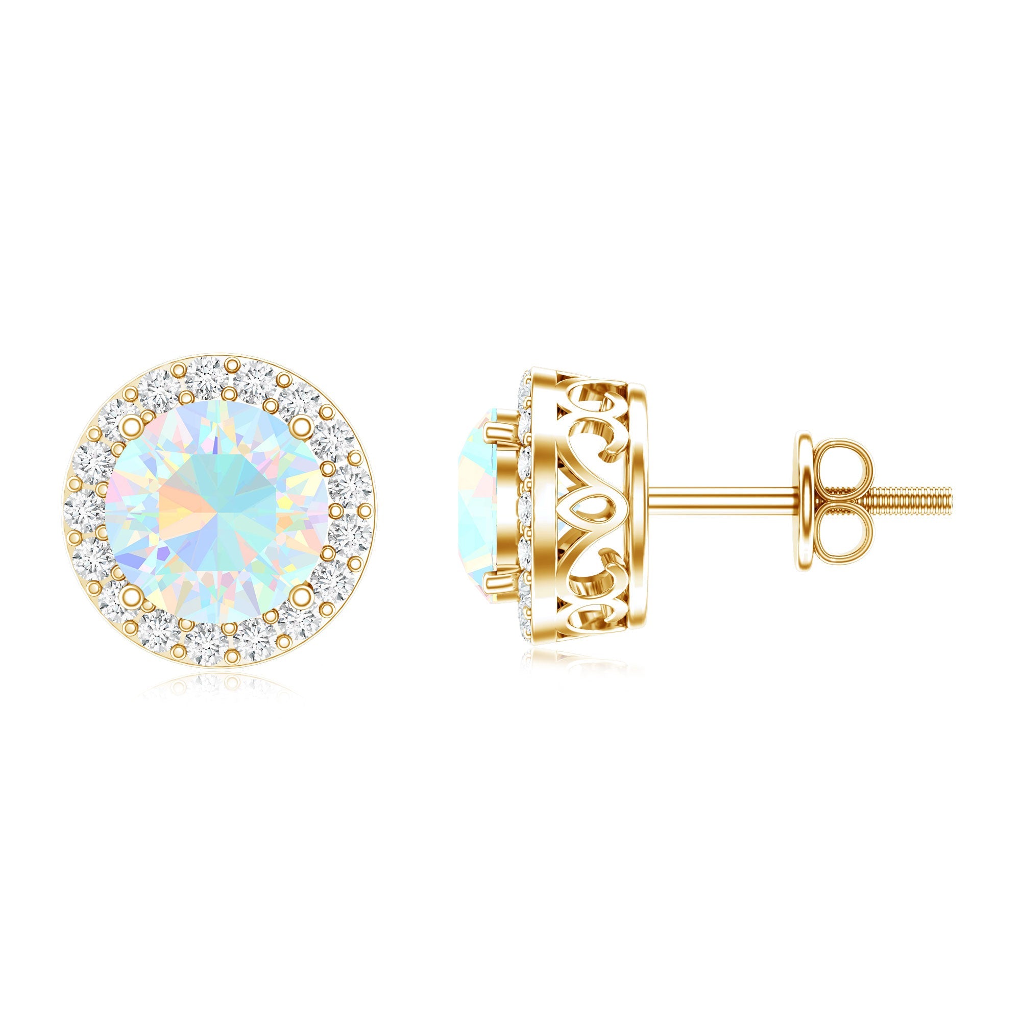 1.6 Carat Round Ethiopian Opal Stud Earrings with Diamond Halo in Prong Setting