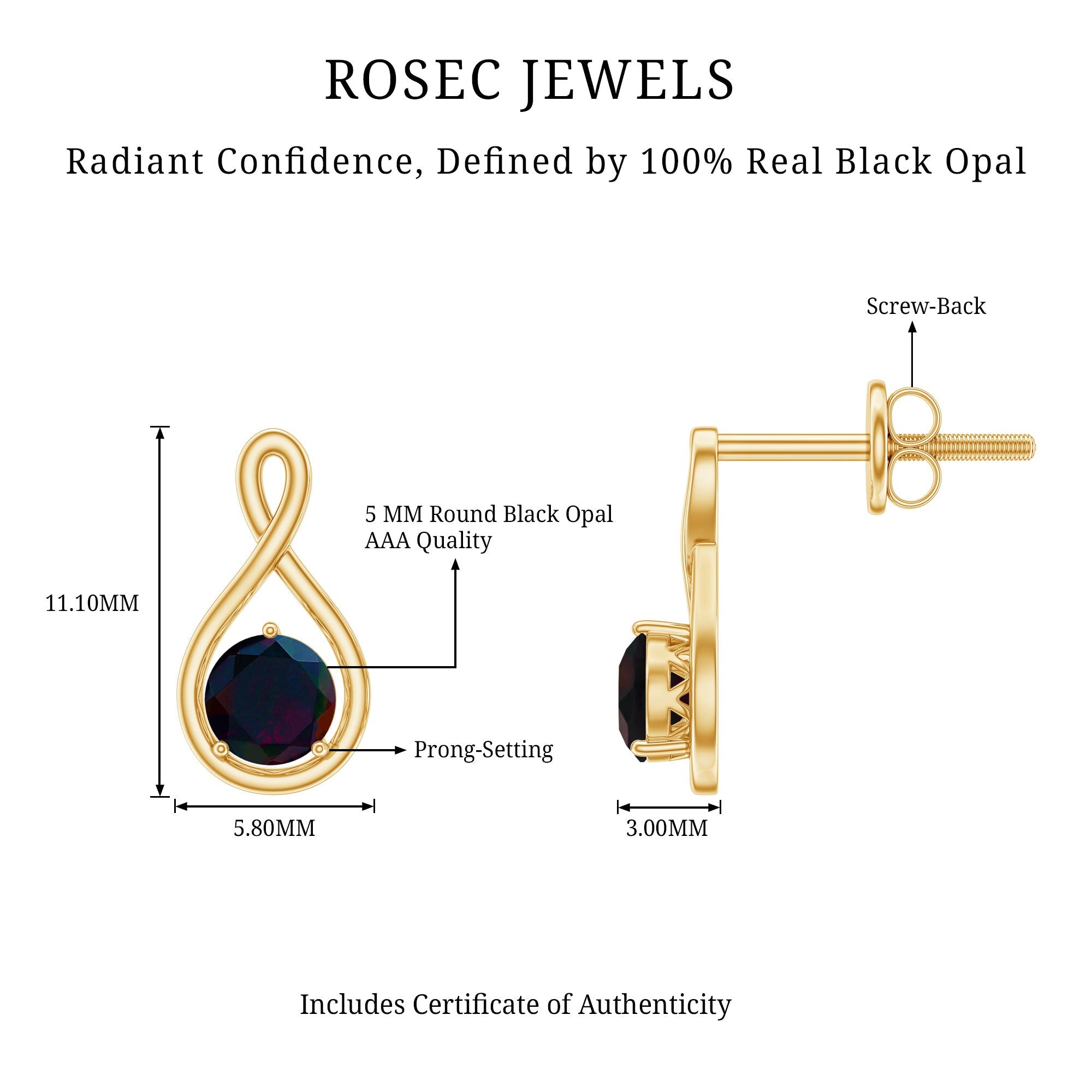 Natural Black Opal Infinity Earrings with Screw Back