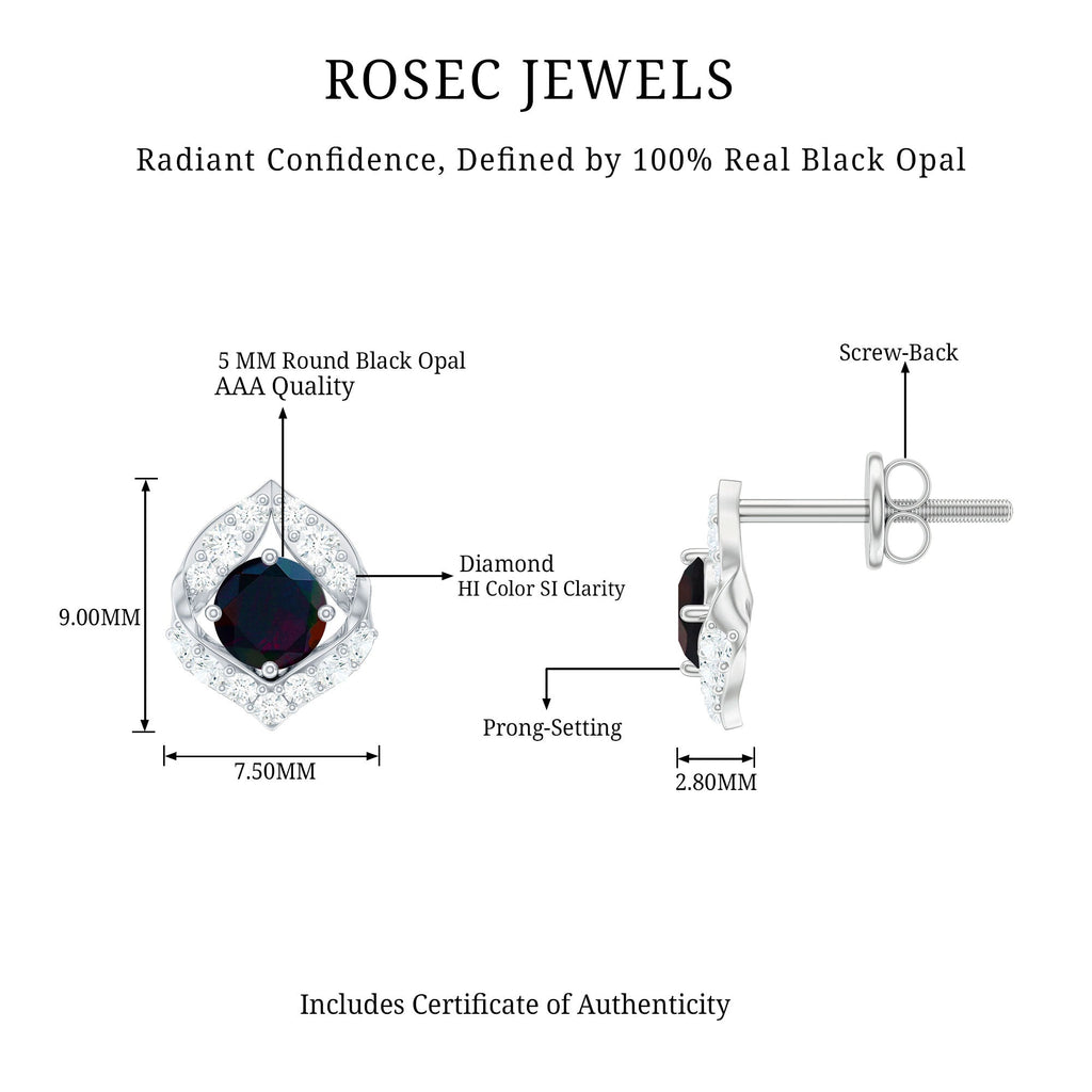 Natural Black Opal Diamond Leaf Earrings with Screw Back