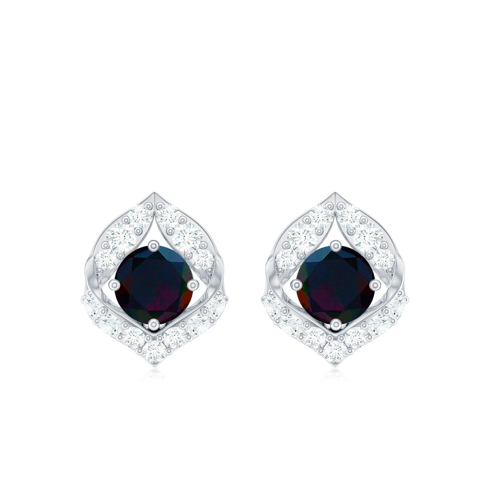 Natural Black Opal Diamond Leaf Earrings with Screw Back