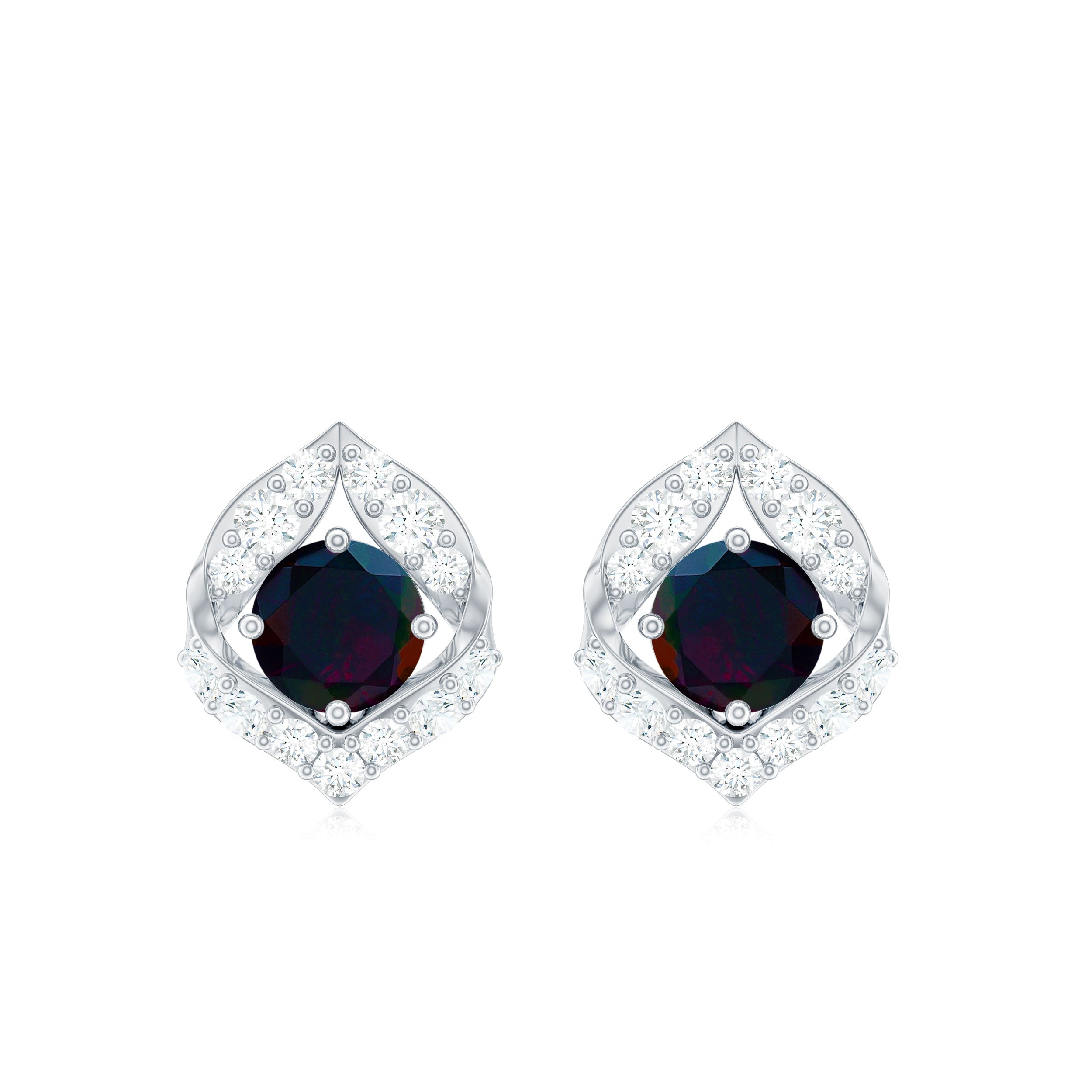 Natural Black Opal Diamond Leaf Earrings with Screw Back