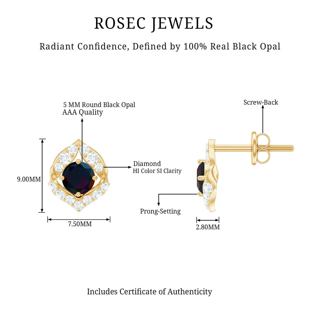 Natural Black Opal Diamond Leaf Earrings with Screw Back