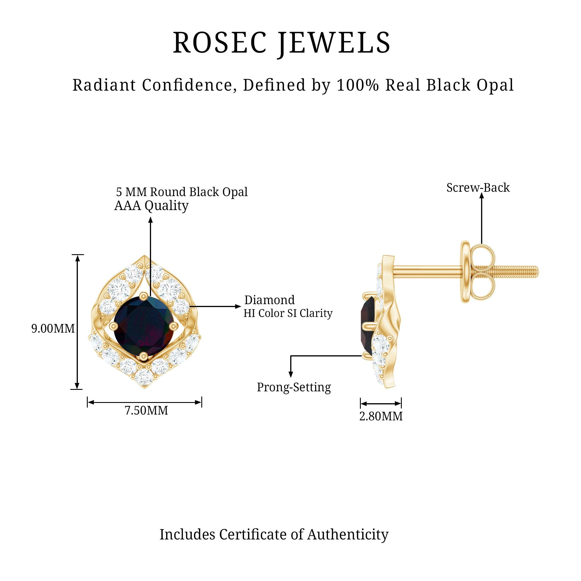 Natural Black Opal Diamond Leaf Earrings with Screw Back