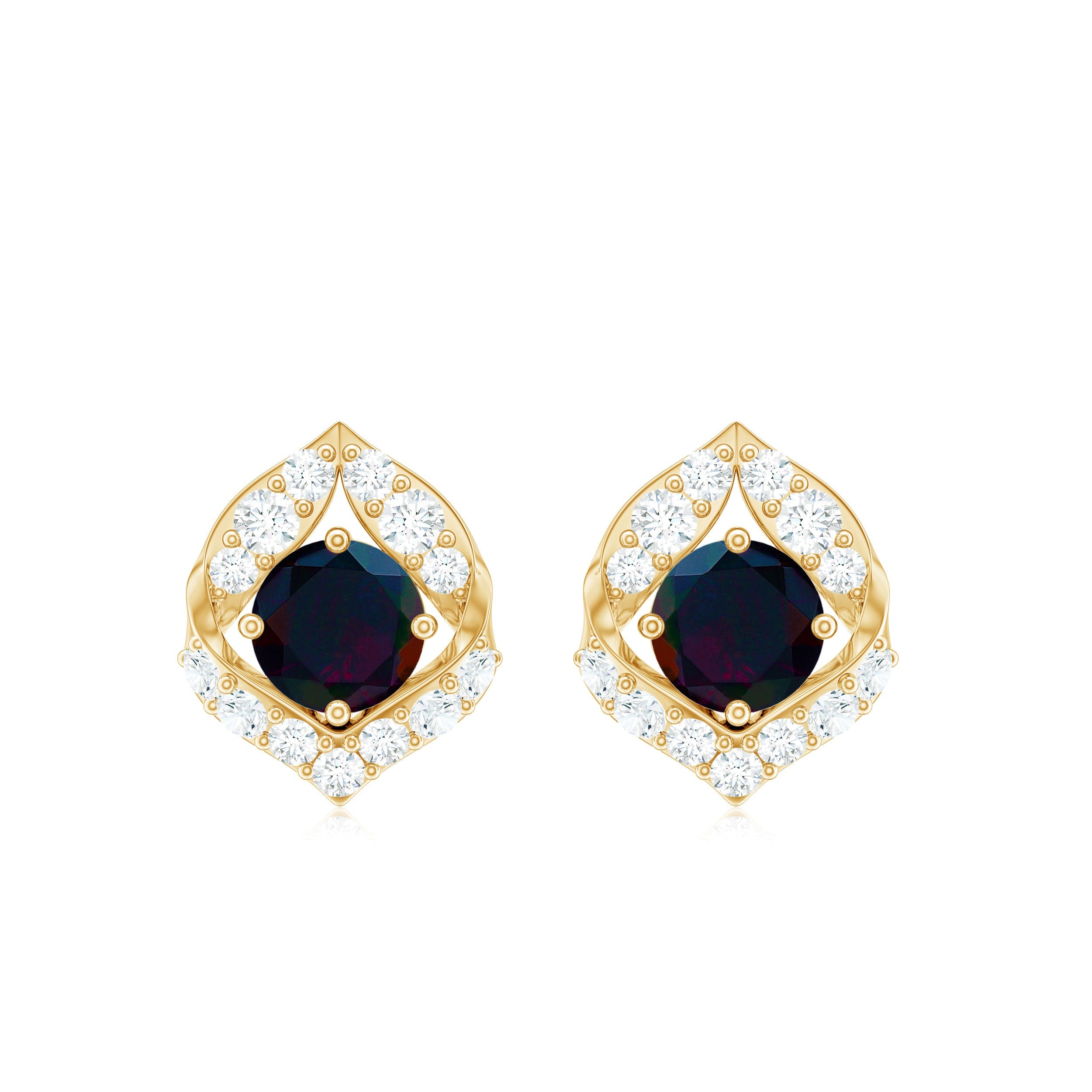 Natural Black Opal Diamond Leaf Earrings with Screw Back