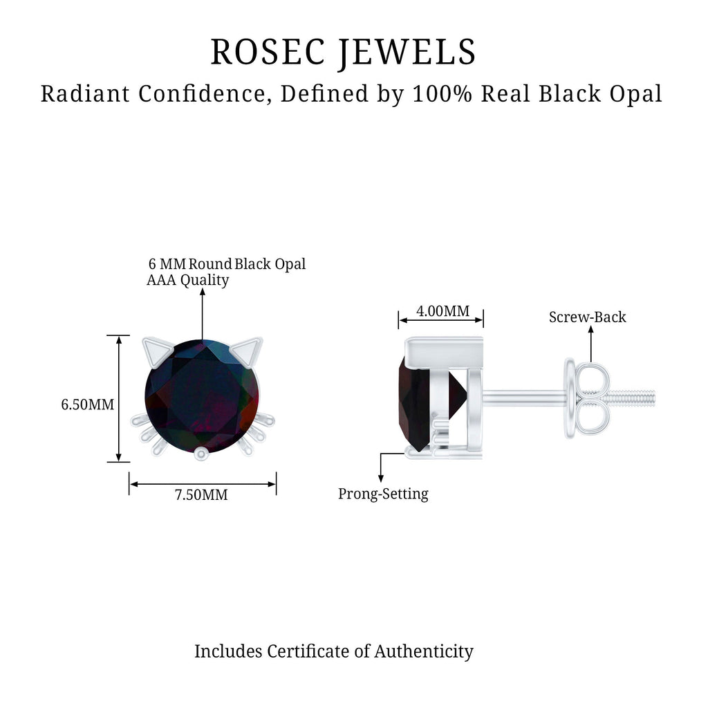 Solitaire Black Opal Cat Stud Earrings with Screw Back