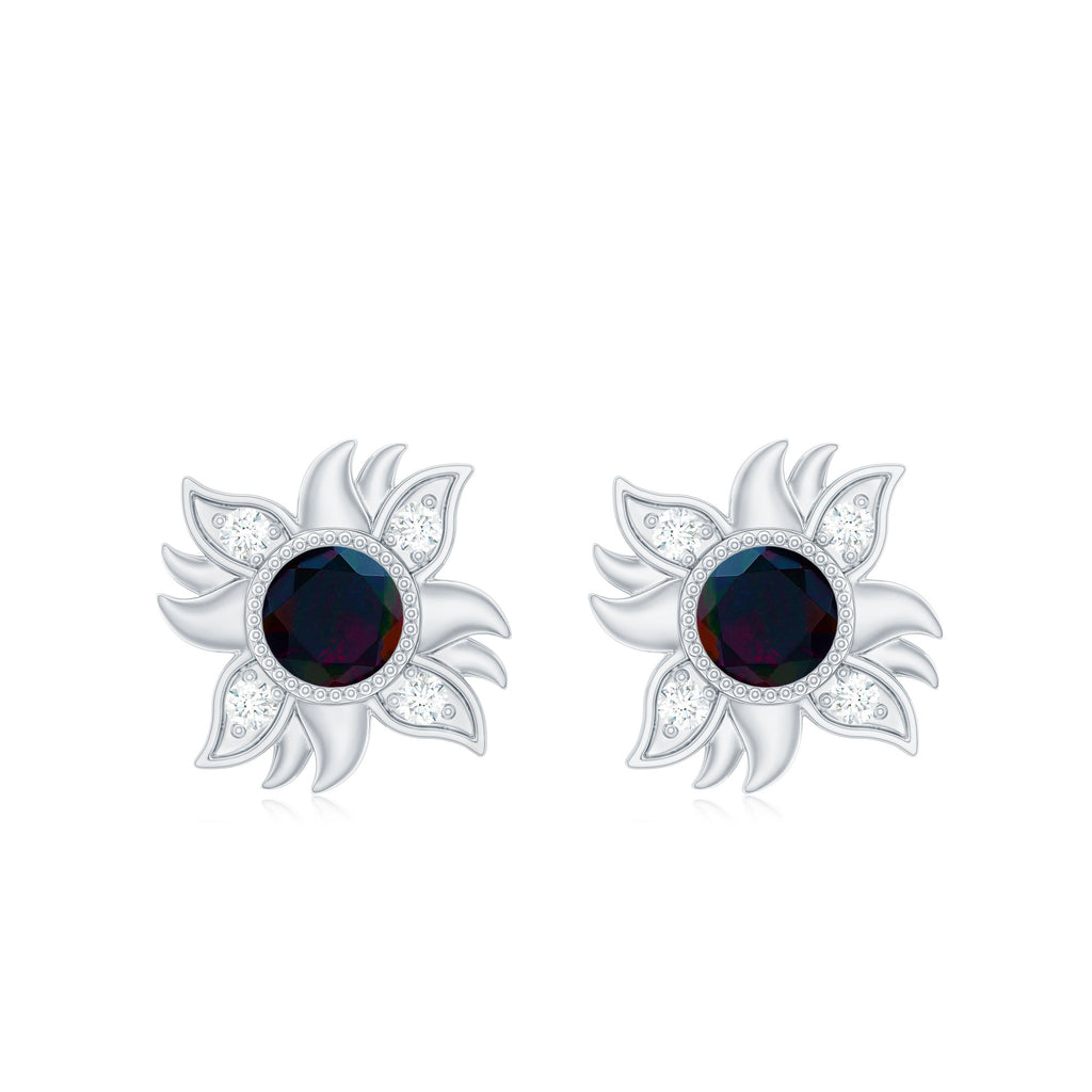 Genuine Black Opal Sunburst Stud Earrings with Diamond