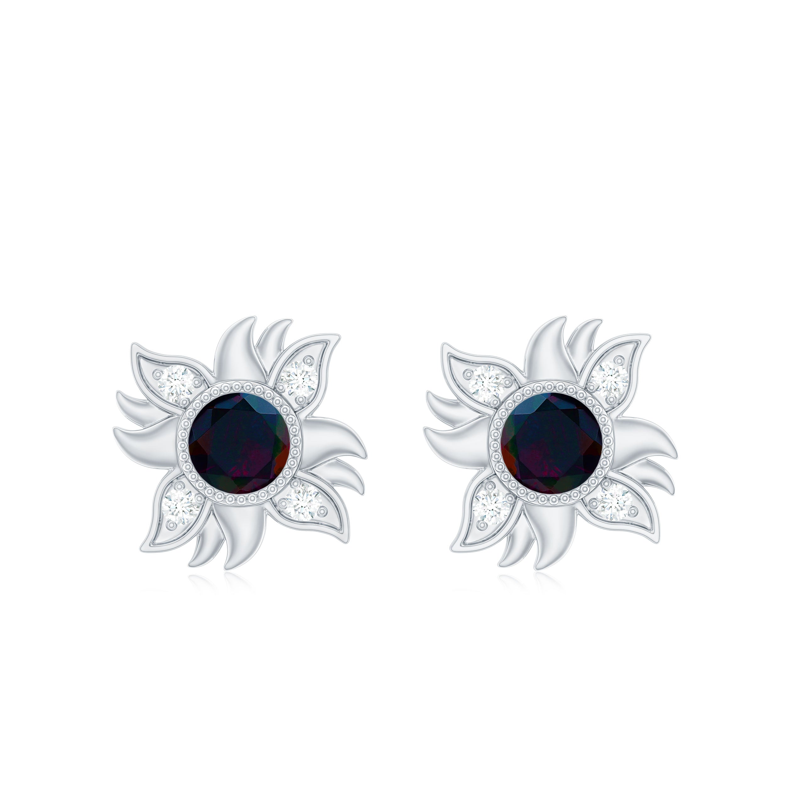 Genuine Black Opal Sunburst Stud Earrings with Diamond