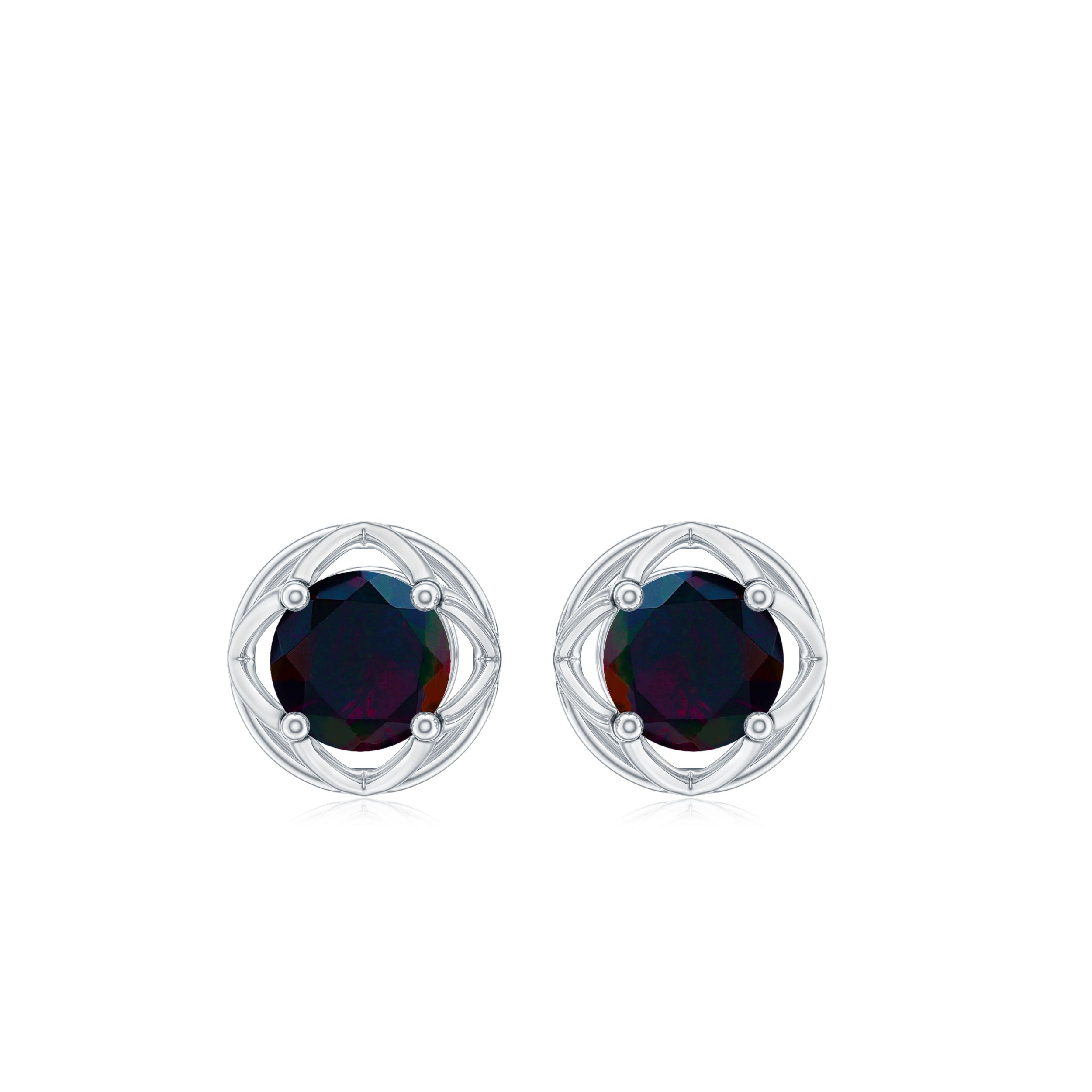 0.9 Carat Round Shape Black Opal Solitaire Floral Stud Earrings