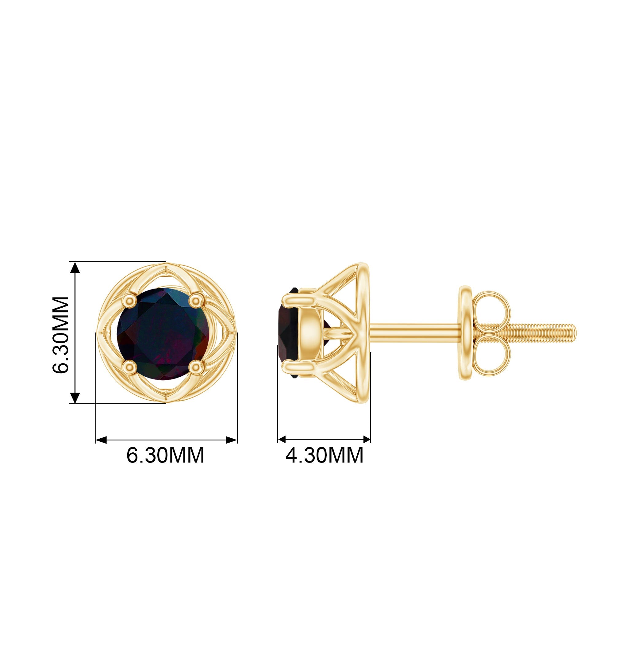 0.9 Carat Round Shape Black Opal Solitaire Floral Stud Earrings