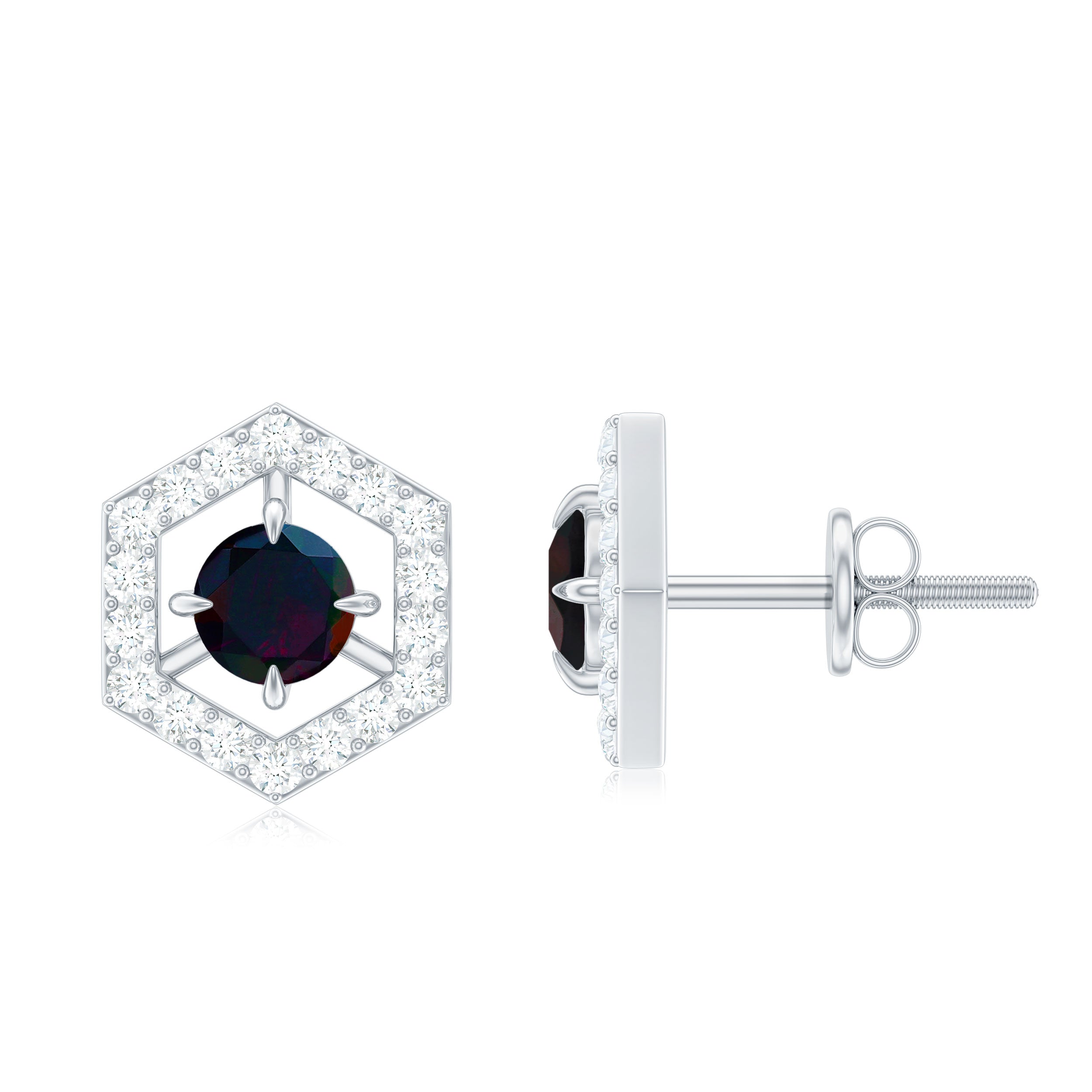 0.9 Carat Black Opal and Diamond Geometric Stud Earrings
