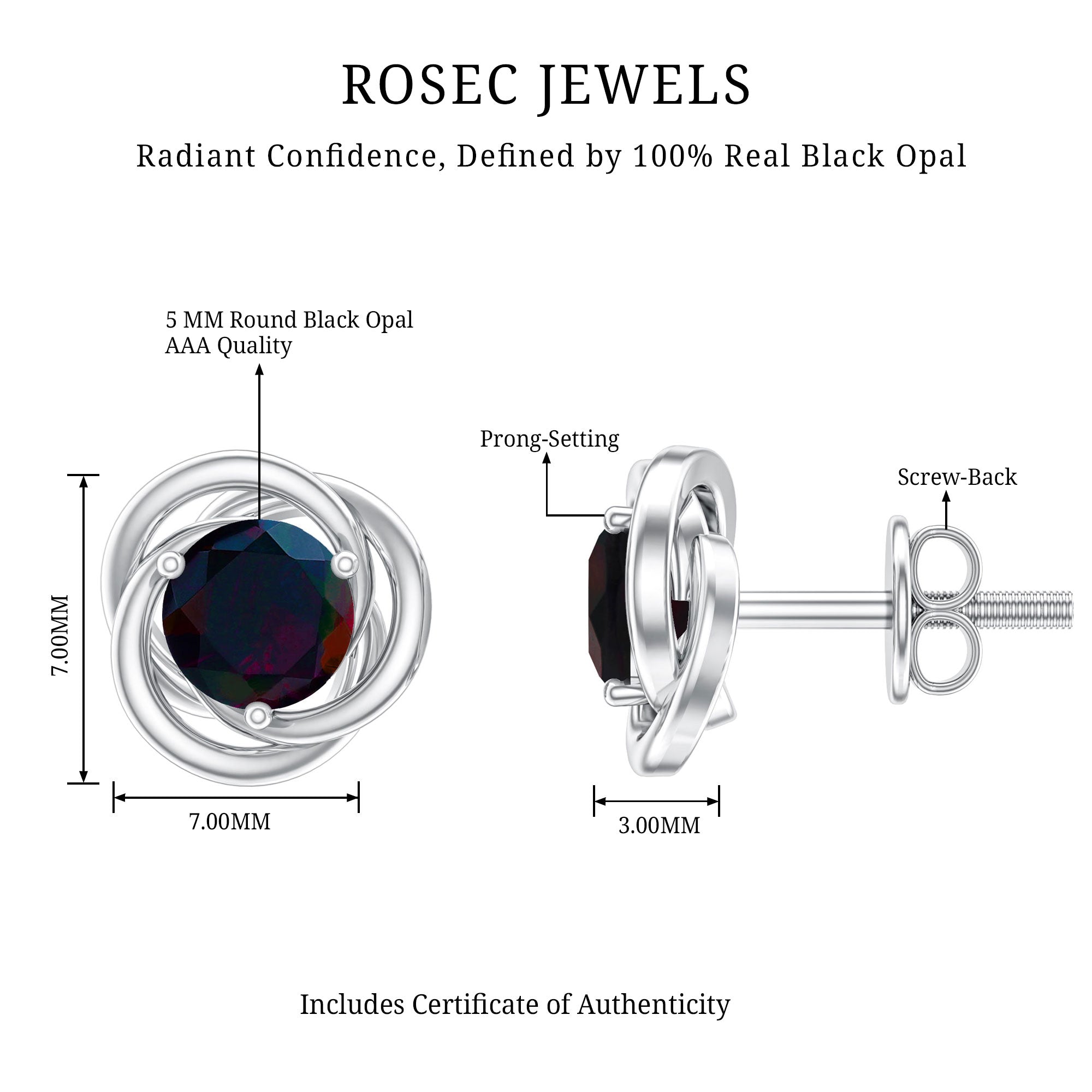 Natural Black Opal Solitaire Swirl Stud Earrings