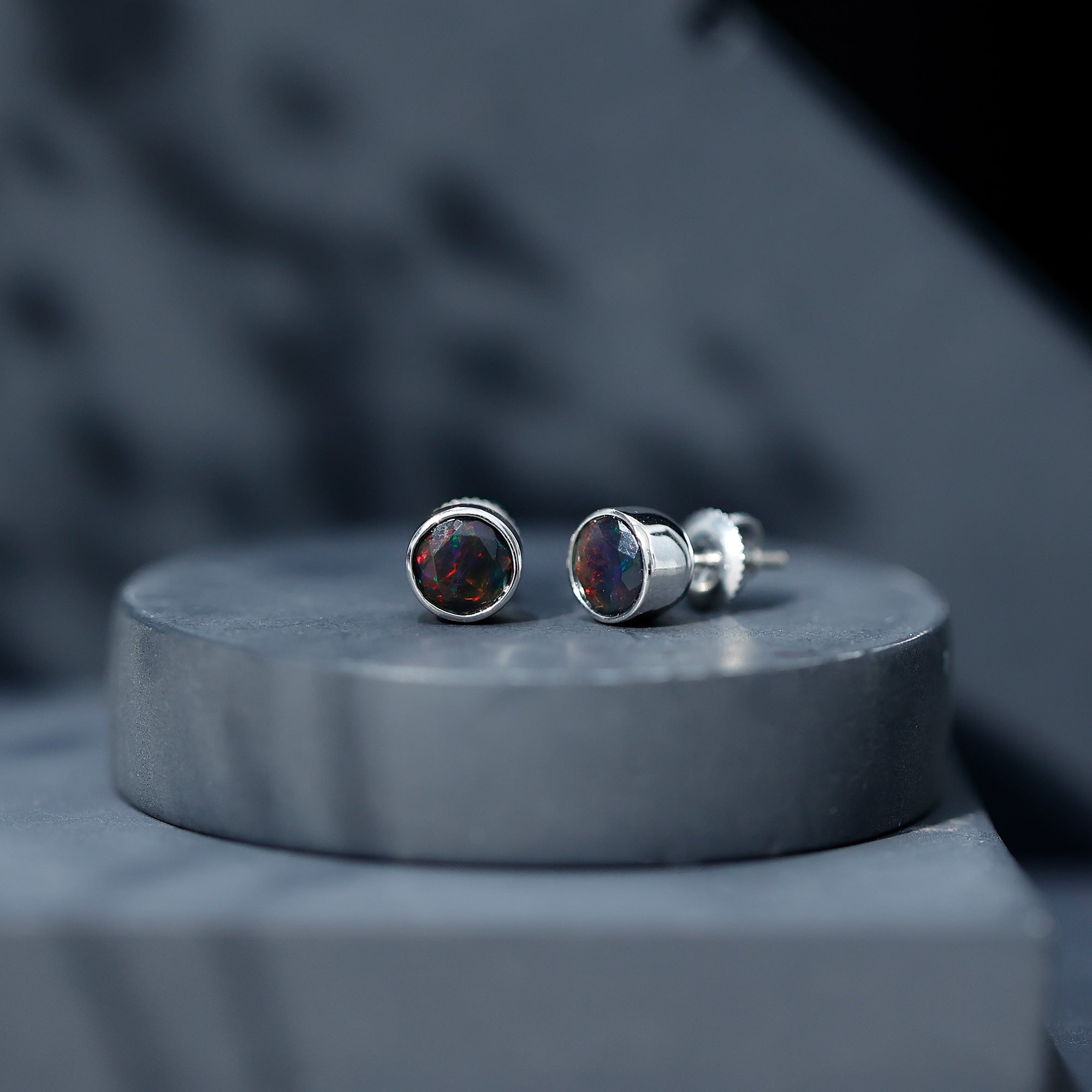 Bezel Set 1.6 Carat Black Opal Stud Earrings with Certificate
