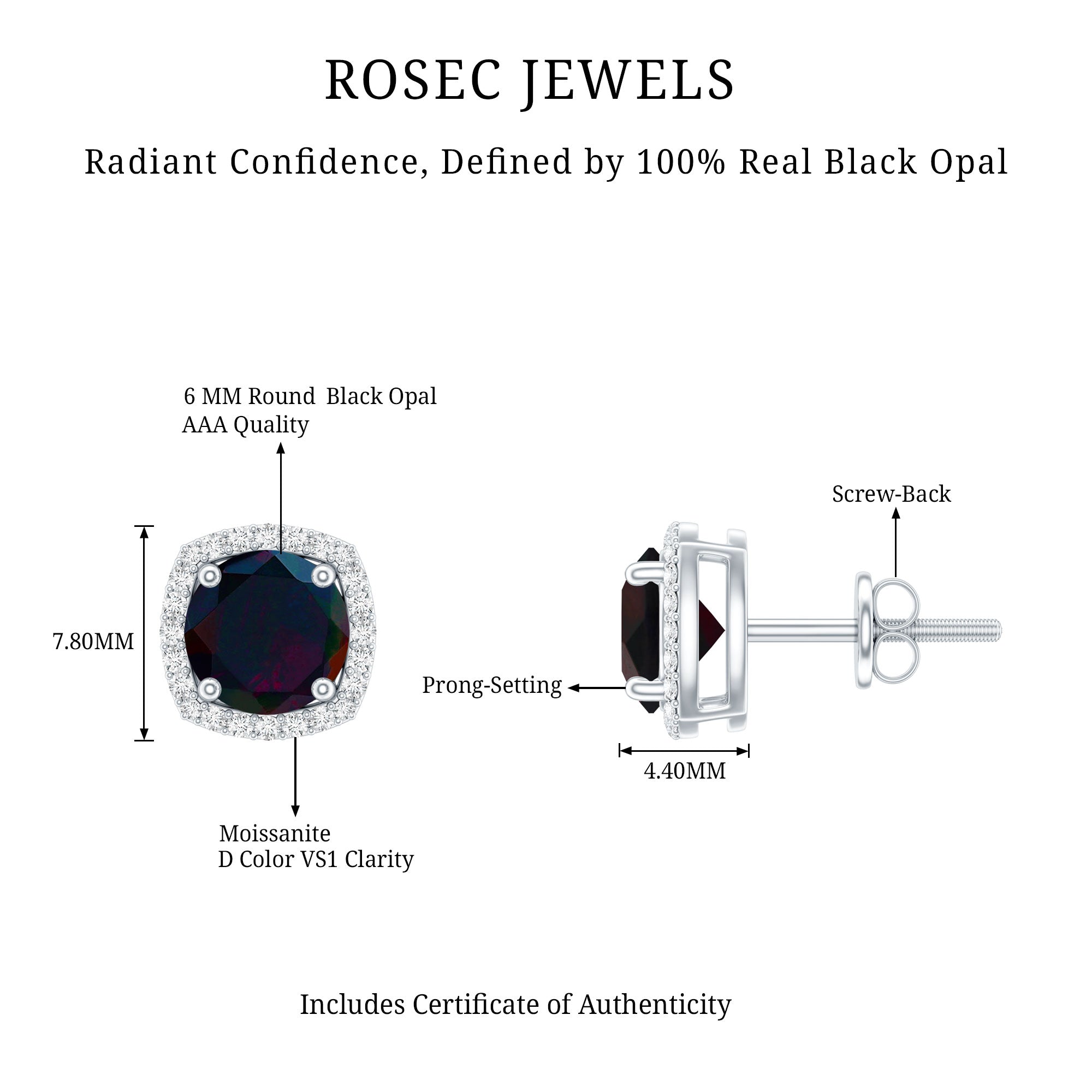 Round Shape Black Opal Stud Earrings with Moissanite Halo