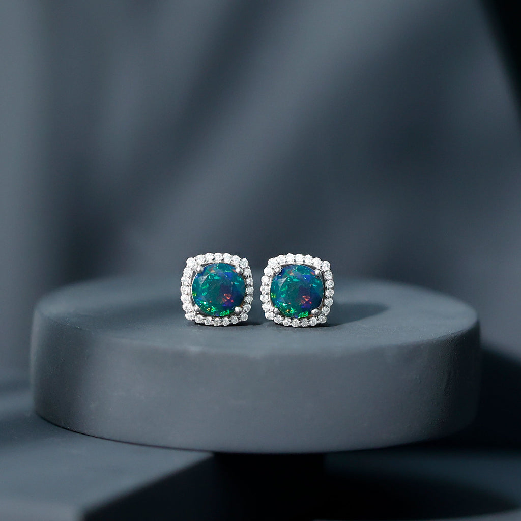 Round Shape Black Opal Stud Earrings with Moissanite Halo