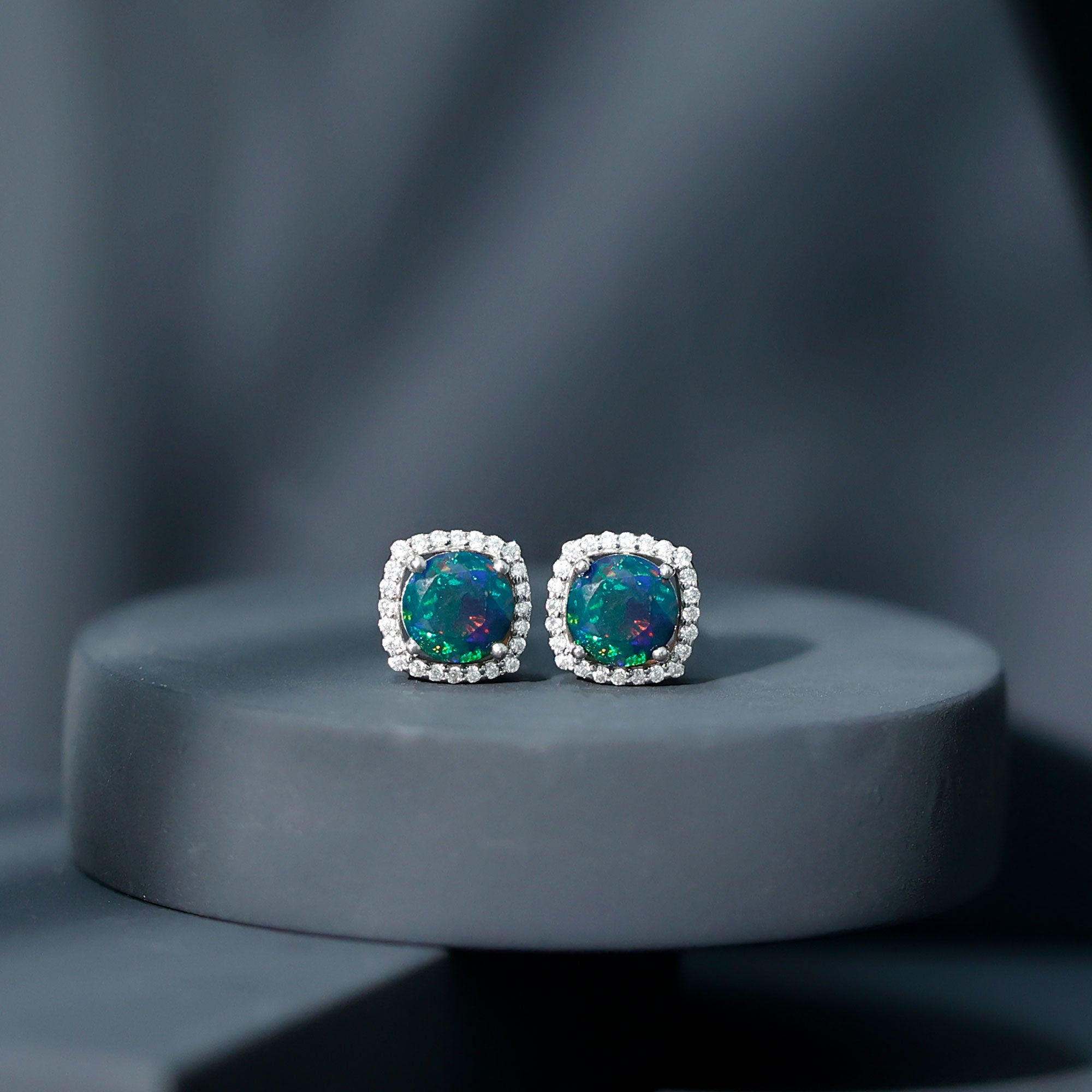 Round Shape Black Opal Stud Earrings with Moissanite Halo