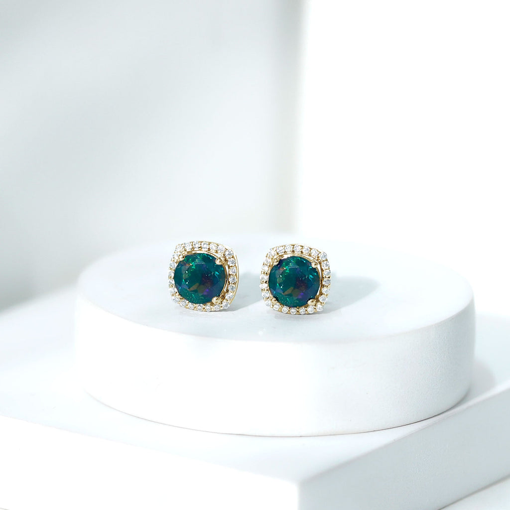 Round Shape Black Opal Stud Earrings with Moissanite Halo