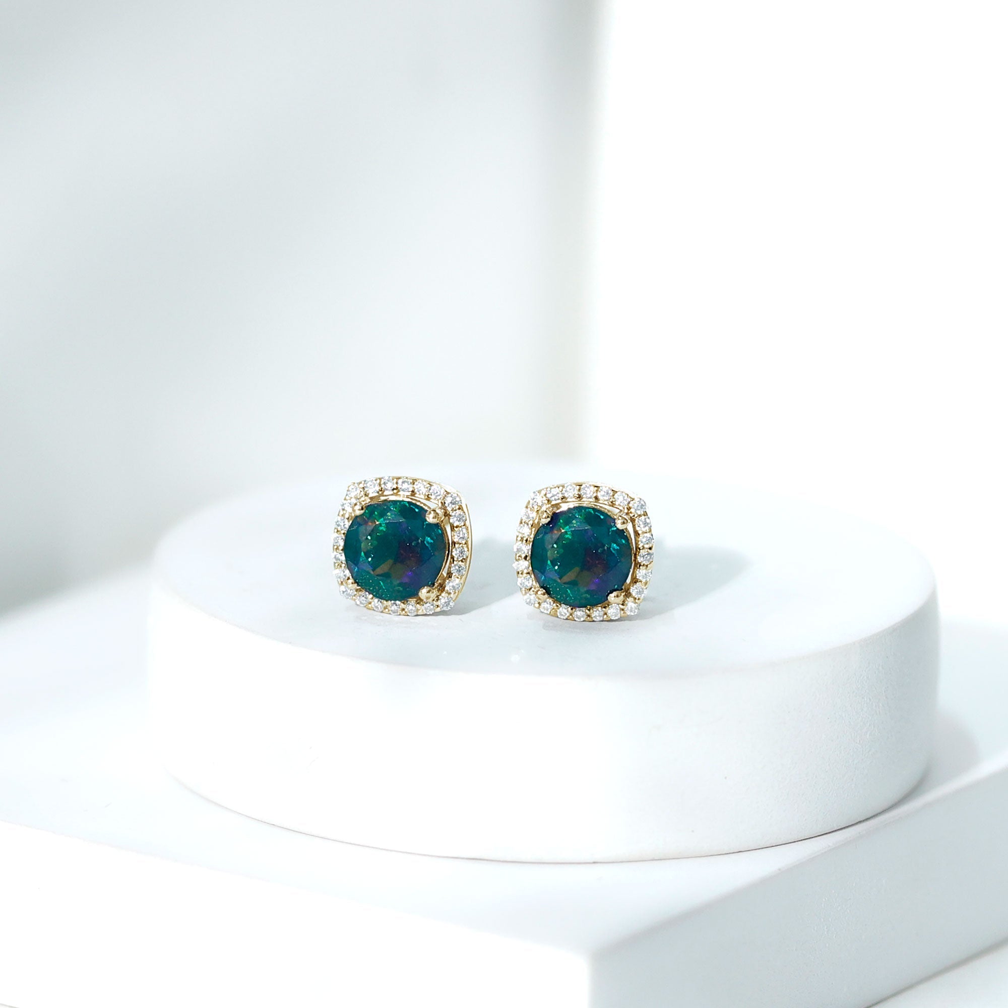 Round Shape Black Opal Stud Earrings with Moissanite Halo