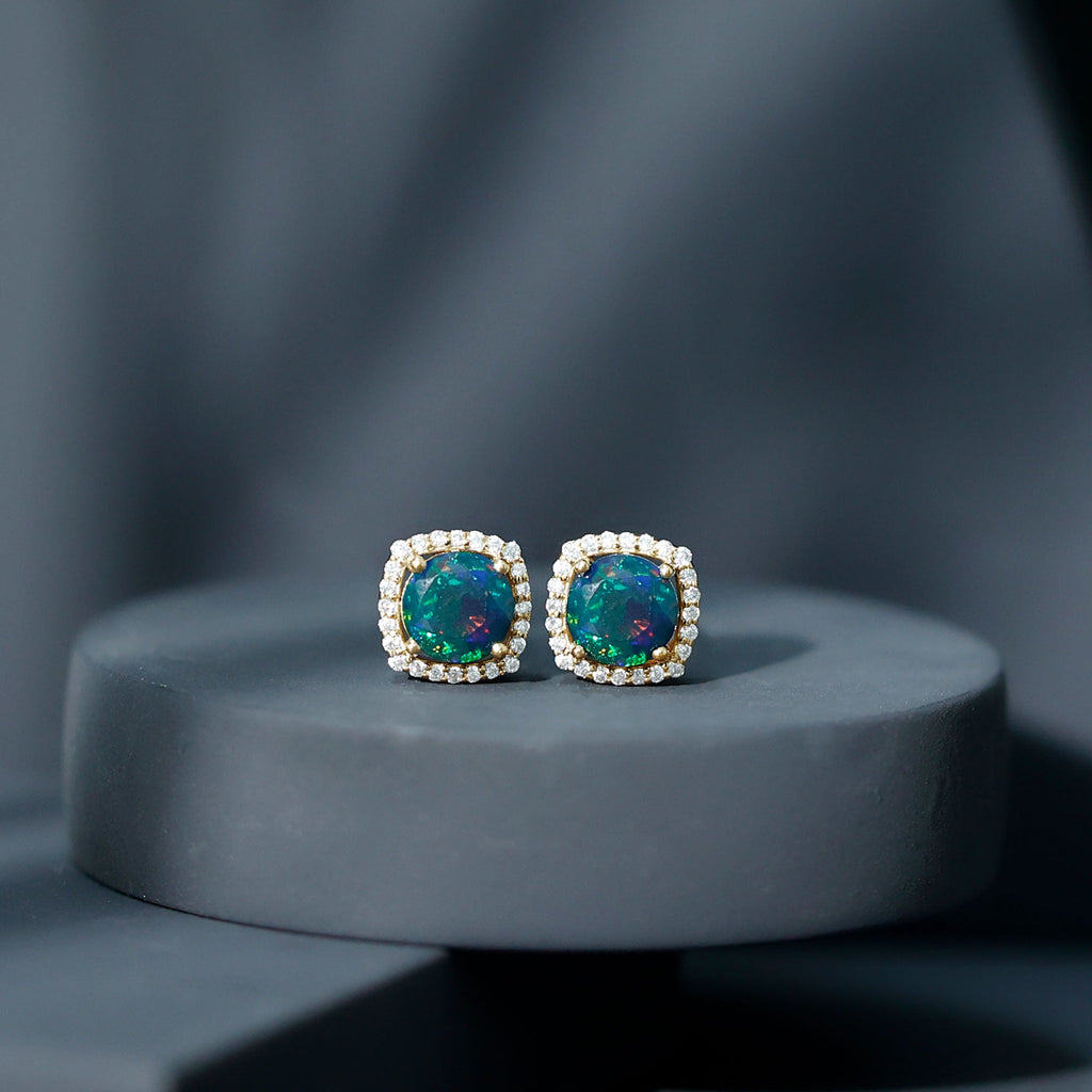 Round Shape Black Opal Stud Earrings with Moissanite Halo