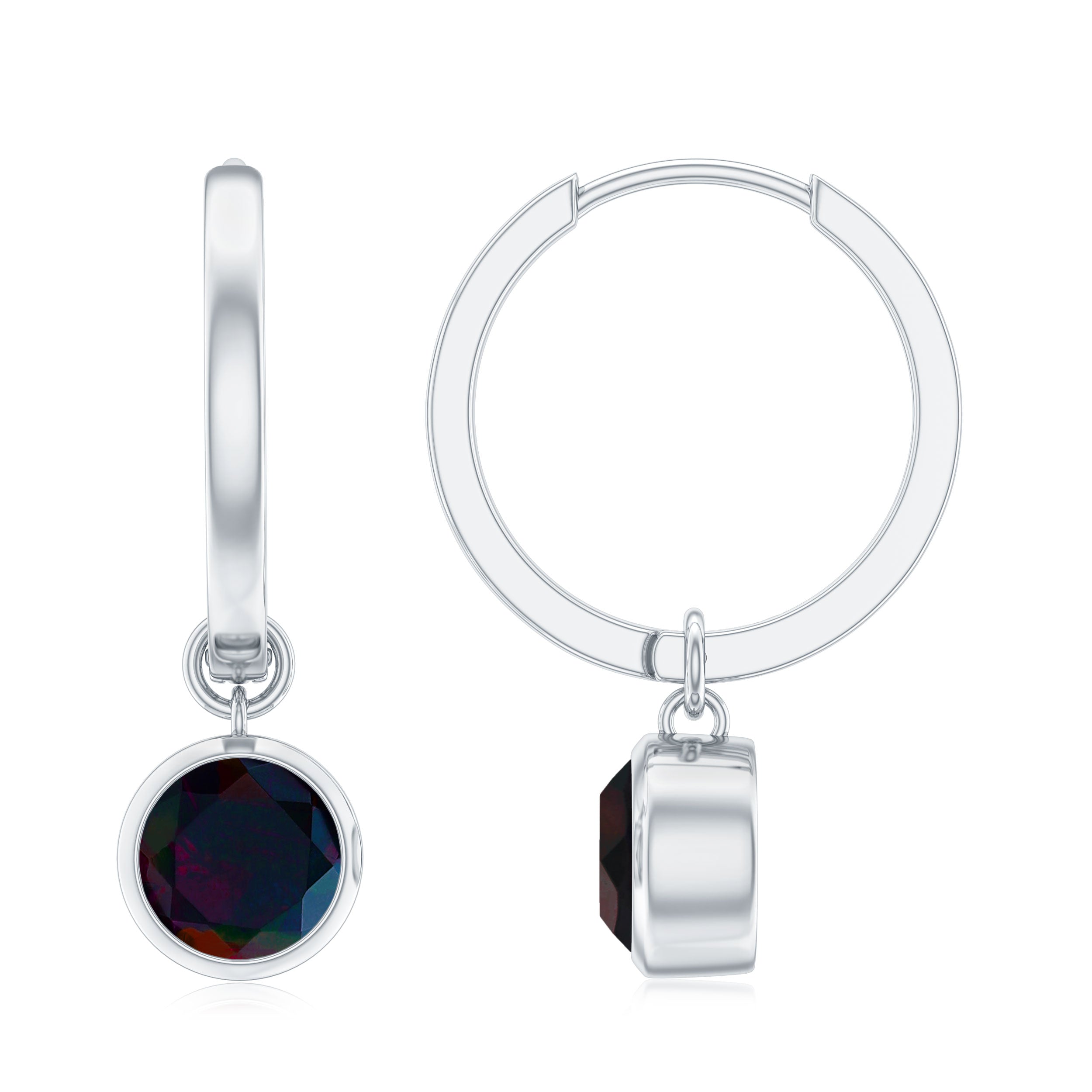Natural Bezel Set Black Opal Dangle Hoop Earrings For Women