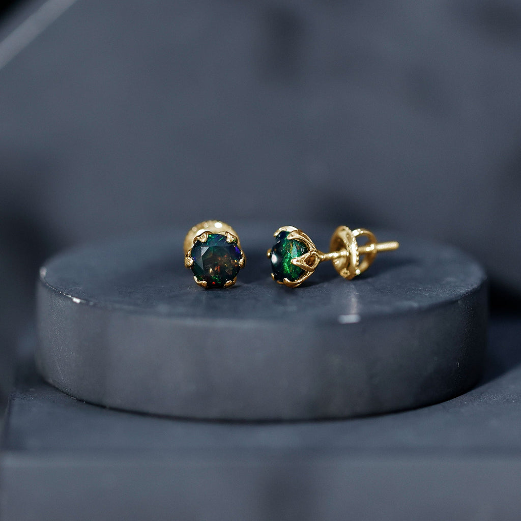 1.6 Carat Round Shape Black Opal Solitaire Stud Earrings