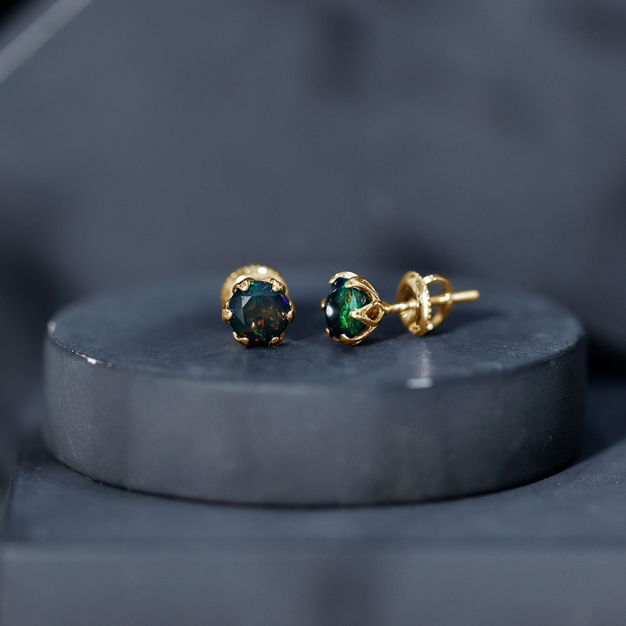 1.6 Carat Round Shape Black Opal Solitaire Stud Earrings