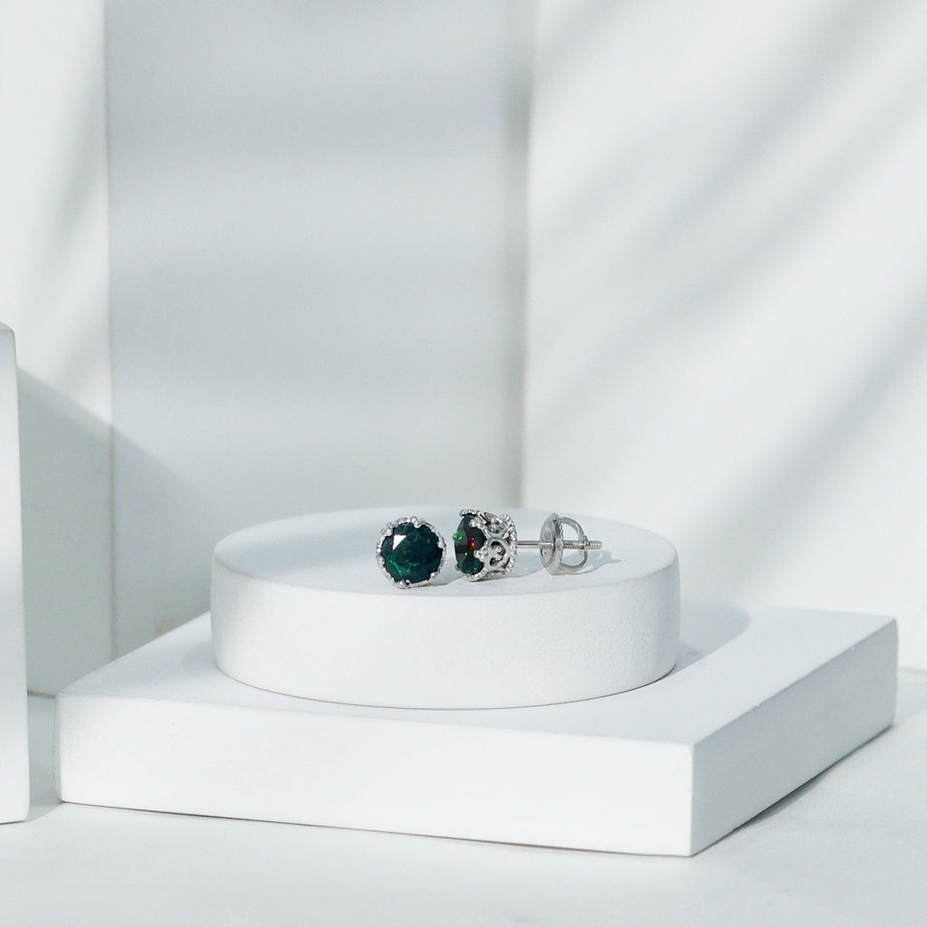 Natural Black Opal Crown Stud Earrings with Screw Back