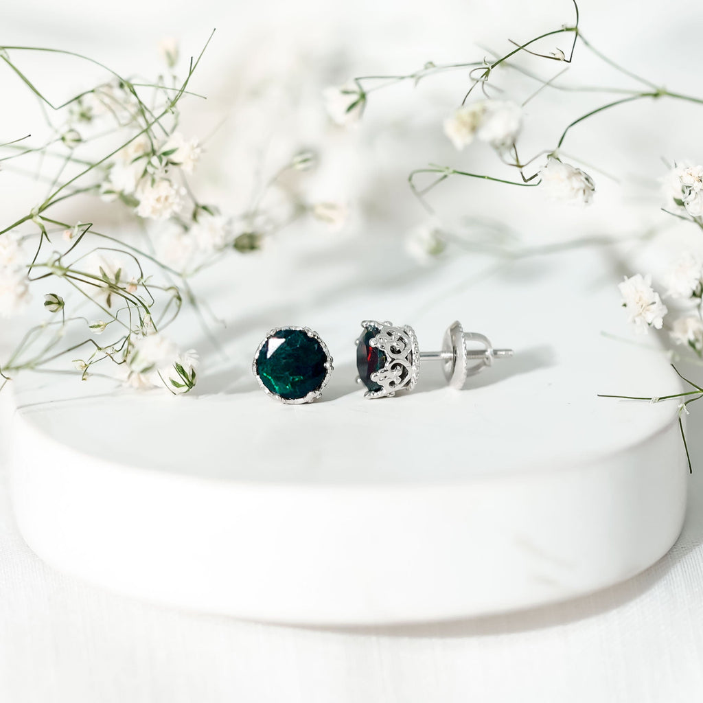 Natural Black Opal Crown Stud Earrings with Screw Back