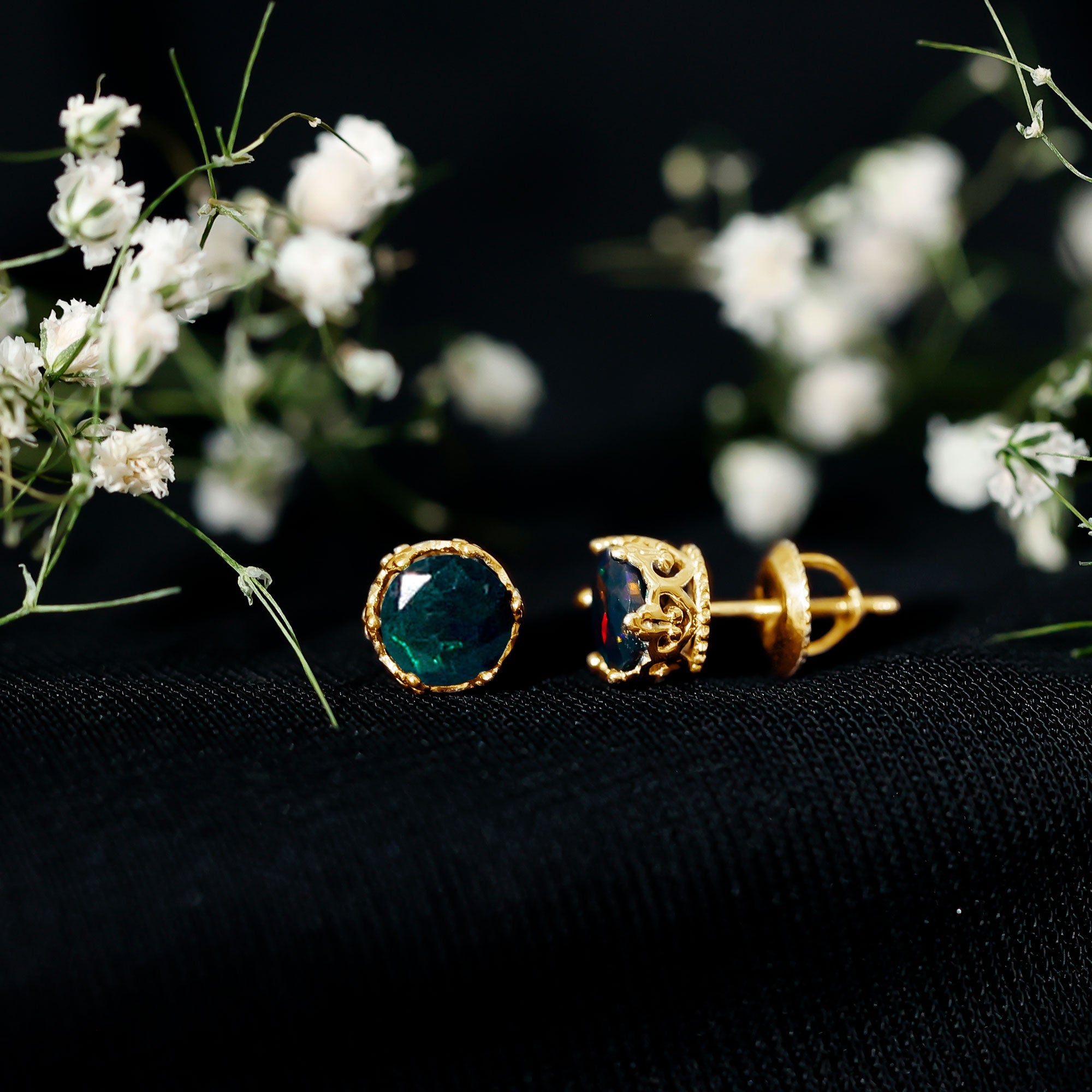 Natural Black Opal Crown Stud Earrings with Screw Back
