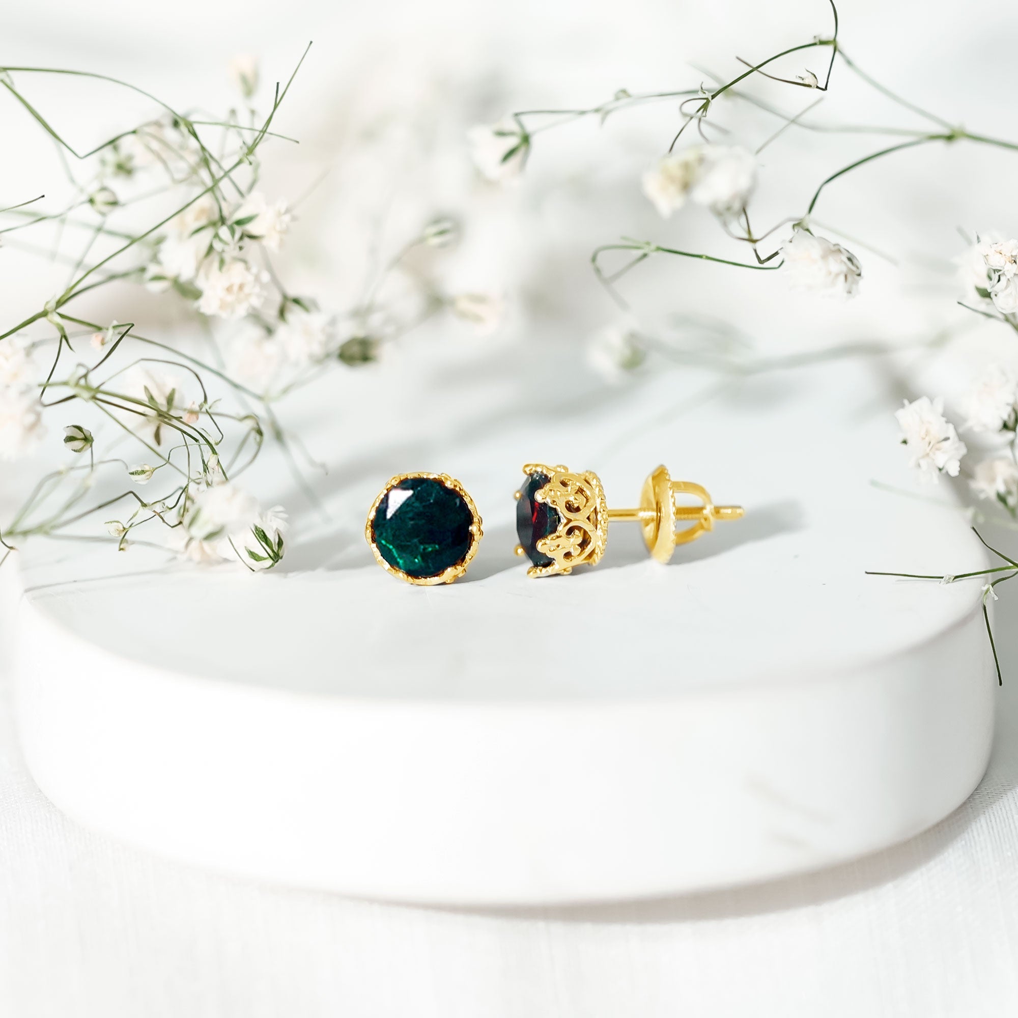 Natural Black Opal Crown Stud Earrings with Screw Back