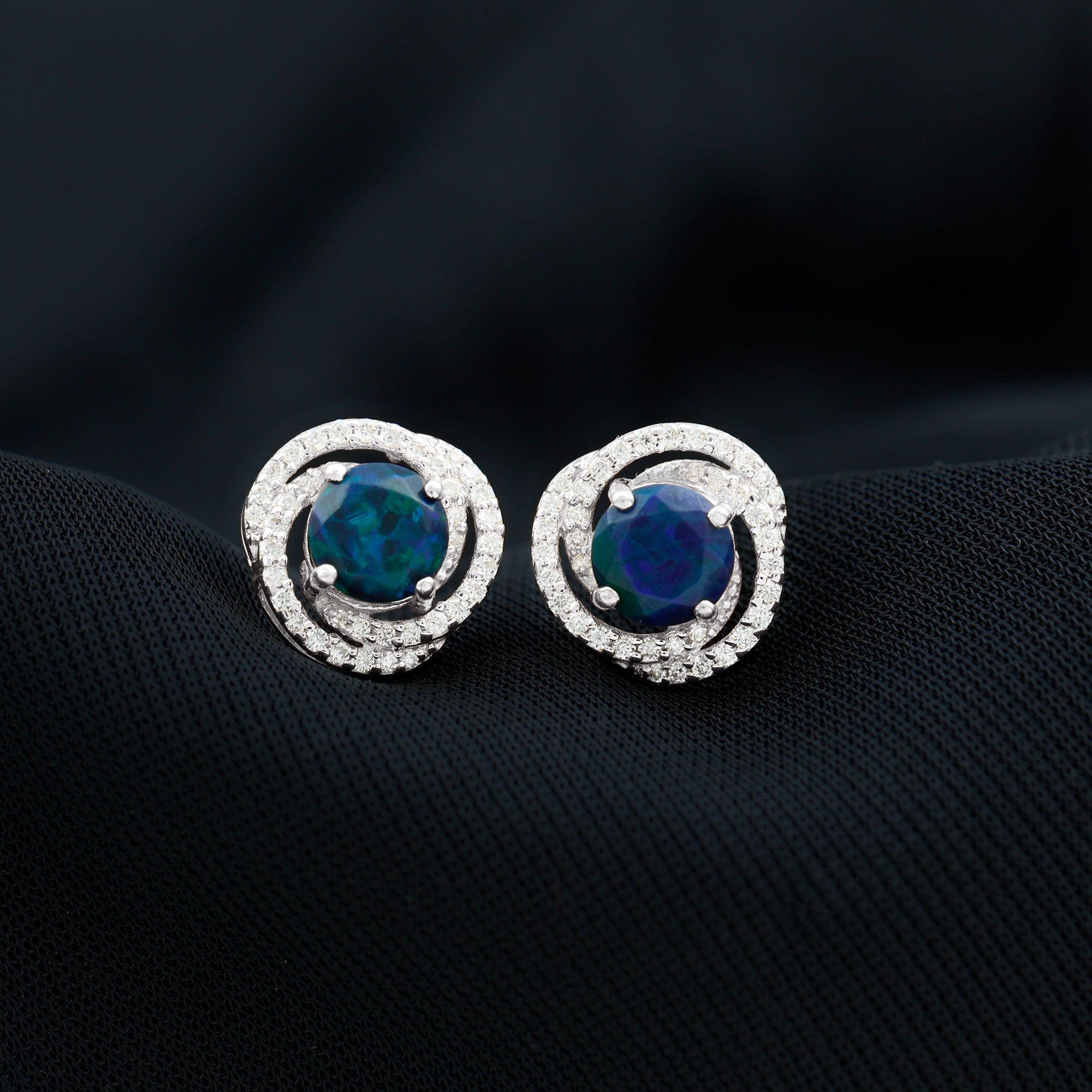 1.6 Carat Black Opal Swirl Stud Earrings with Certificate