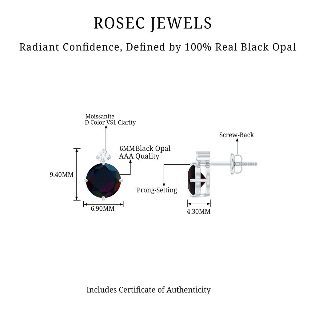 Round Black Opal Solitaire Stud Earrings with Dainty Moissanite
