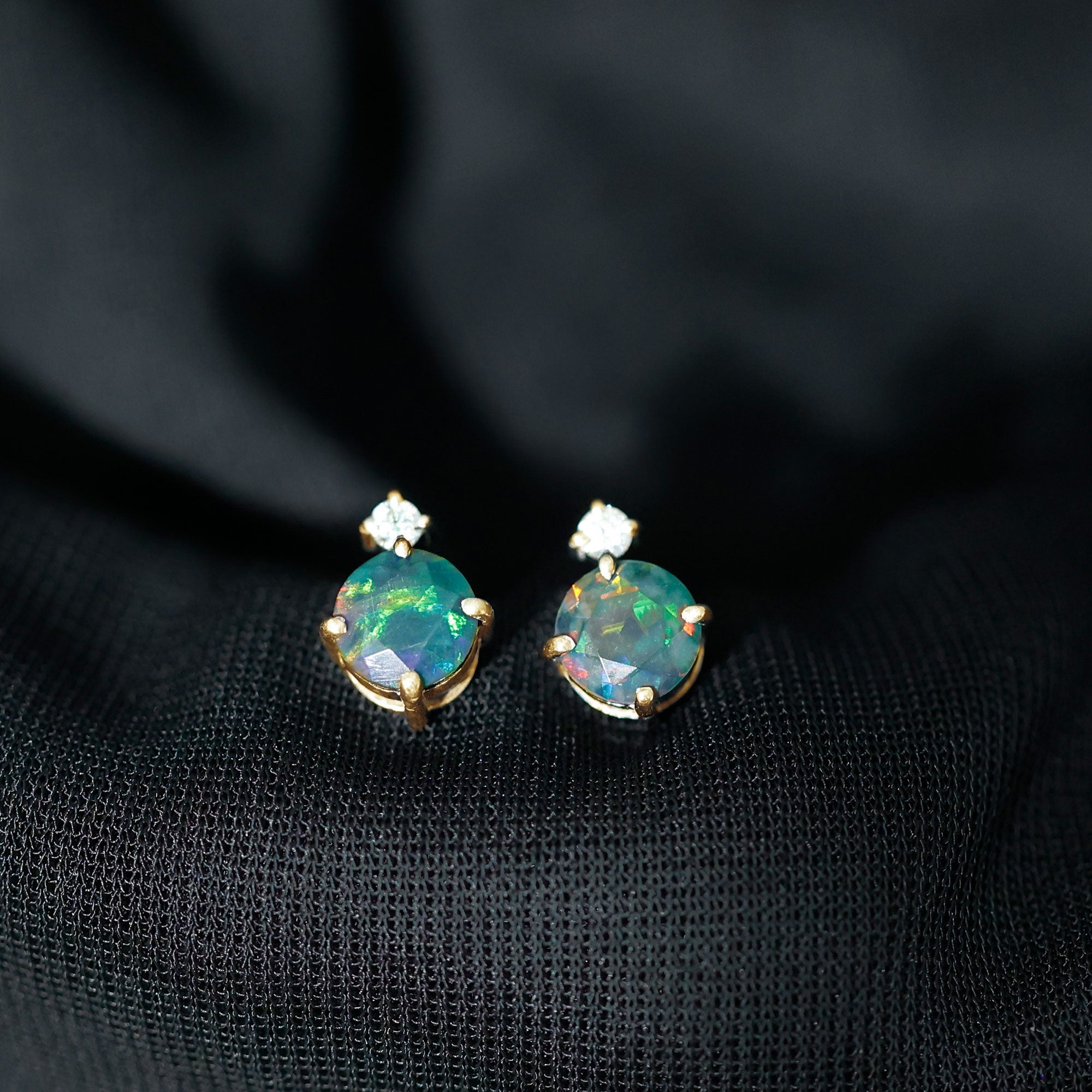 Round Black Opal Solitaire Stud Earrings with Dainty Moissanite
