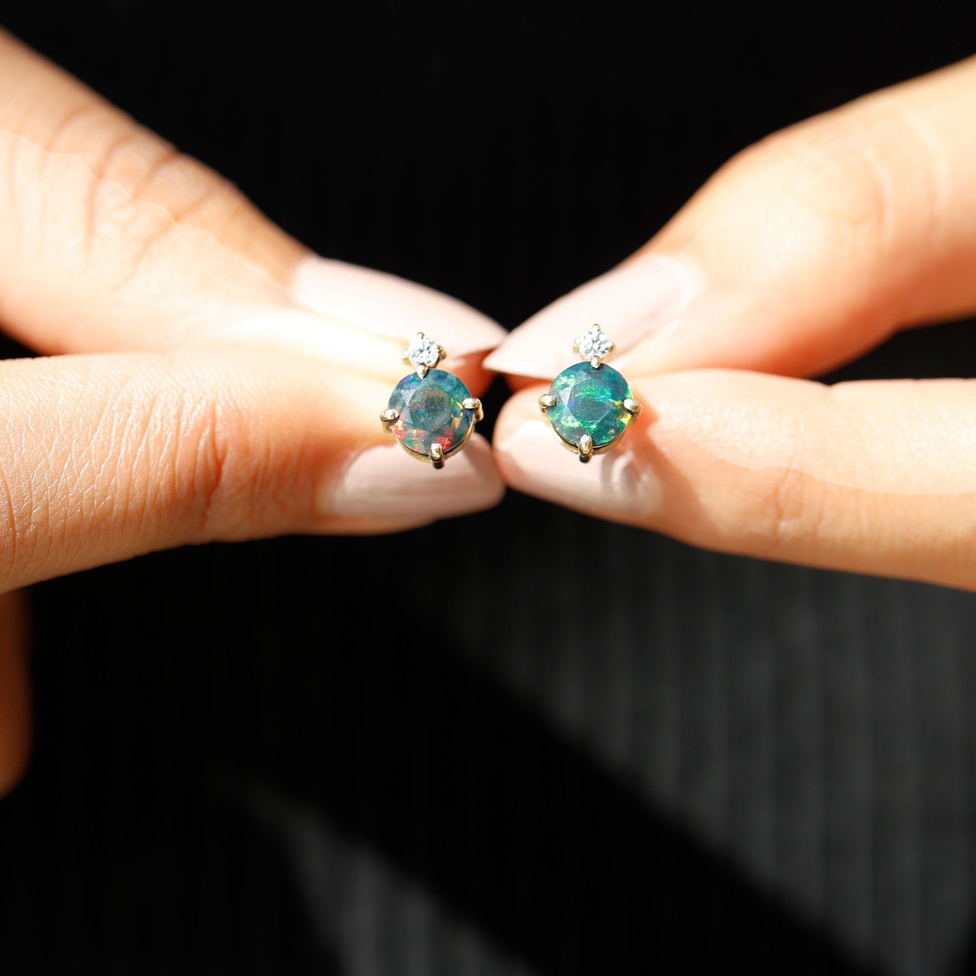 Round Black Opal Solitaire Stud Earrings with Dainty Moissanite