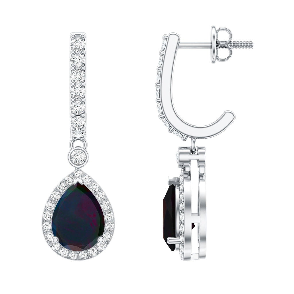 Classic Black Opal and Moissanite Hoop Drop Earrings