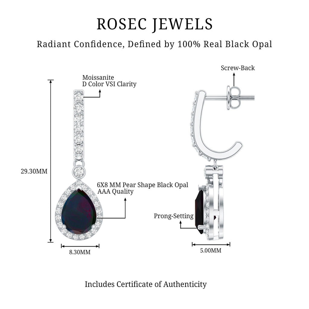Classic Black Opal and Moissanite Hoop Drop Earrings