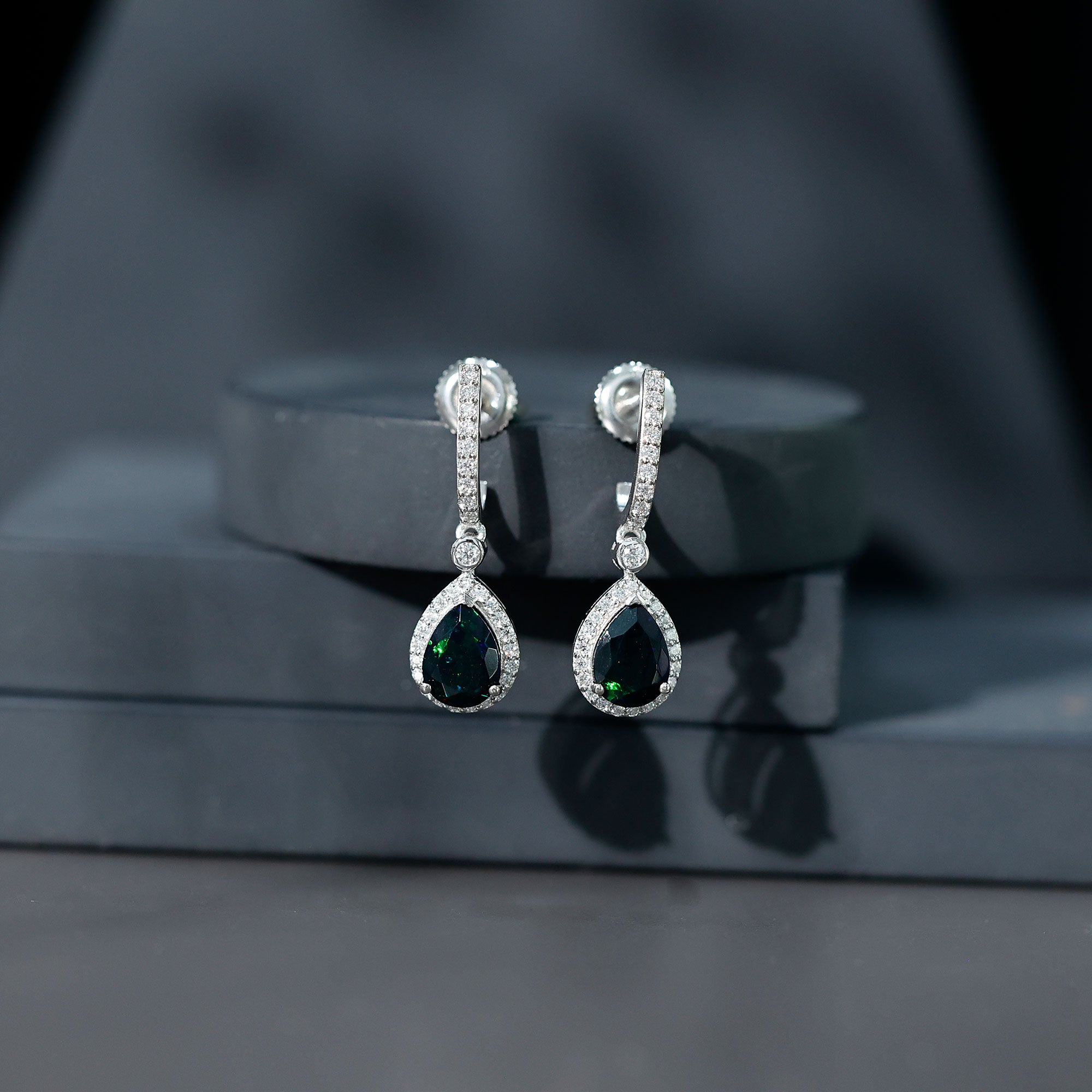 Classic Black Opal and Moissanite Hoop Drop Earrings