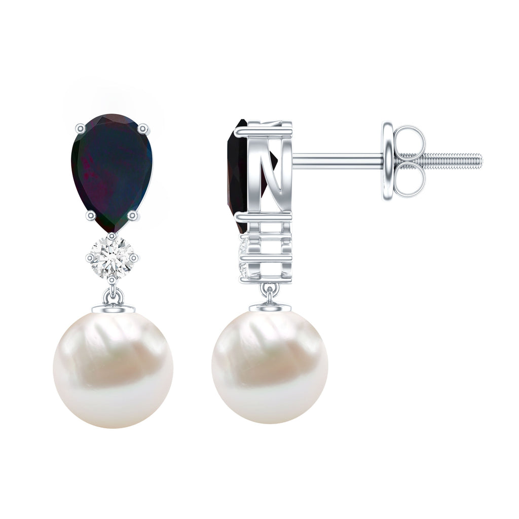 Pear Cut Black Opal and Freshwater Pearl Drop Earrings with Moissanite