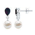 Pear Cut Black Opal and Freshwater Pearl Drop Earrings with Moissanite