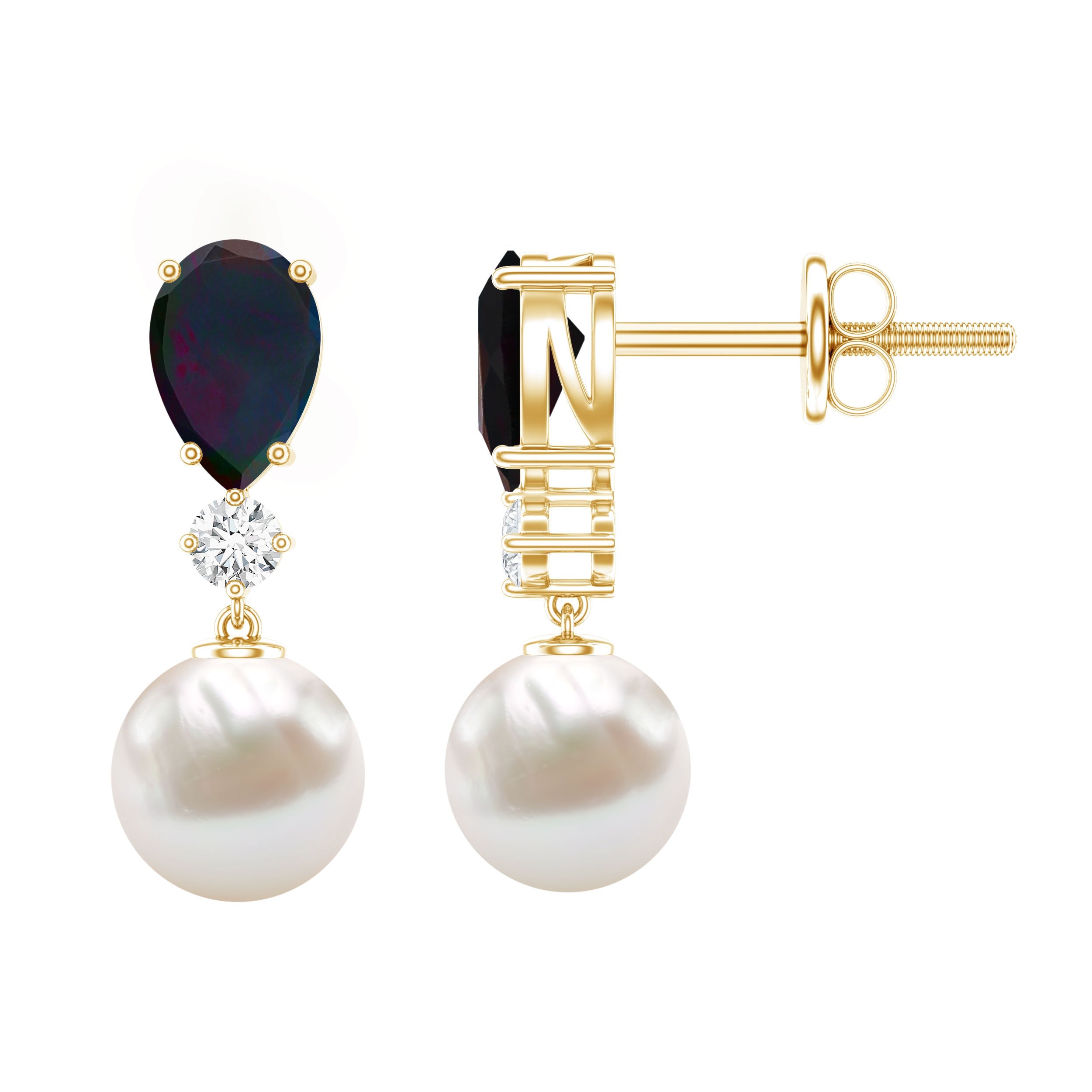Pear Cut Black Opal and Freshwater Pearl Drop Earrings with Moissanite
