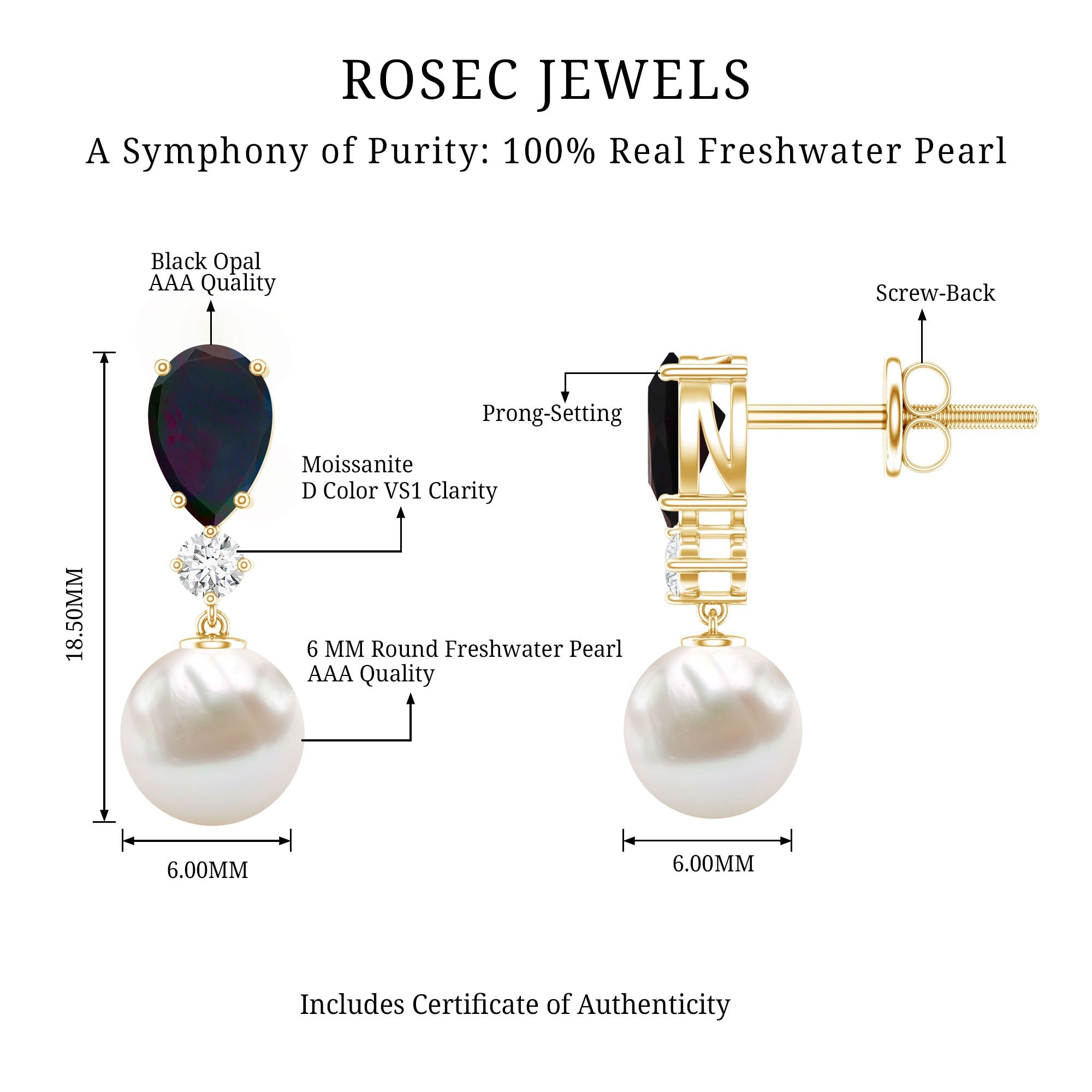 Pear Cut Black Opal and Freshwater Pearl Drop Earrings with Moissanite