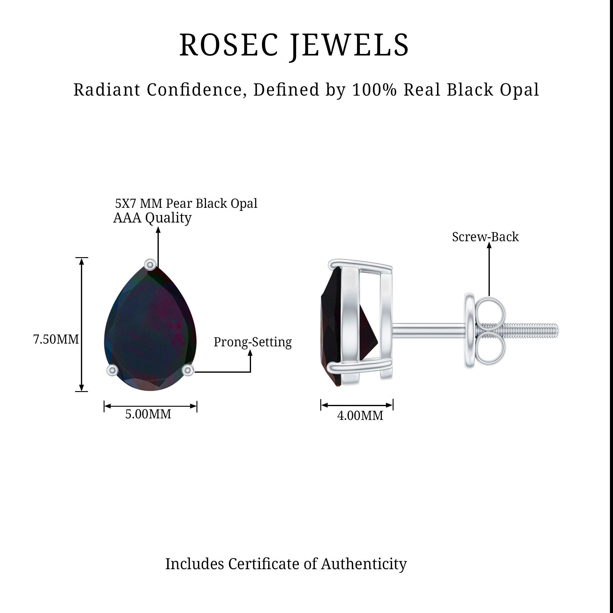 Genuine 1.4 Carat Pear Shaped Black Opal Stud Earrings