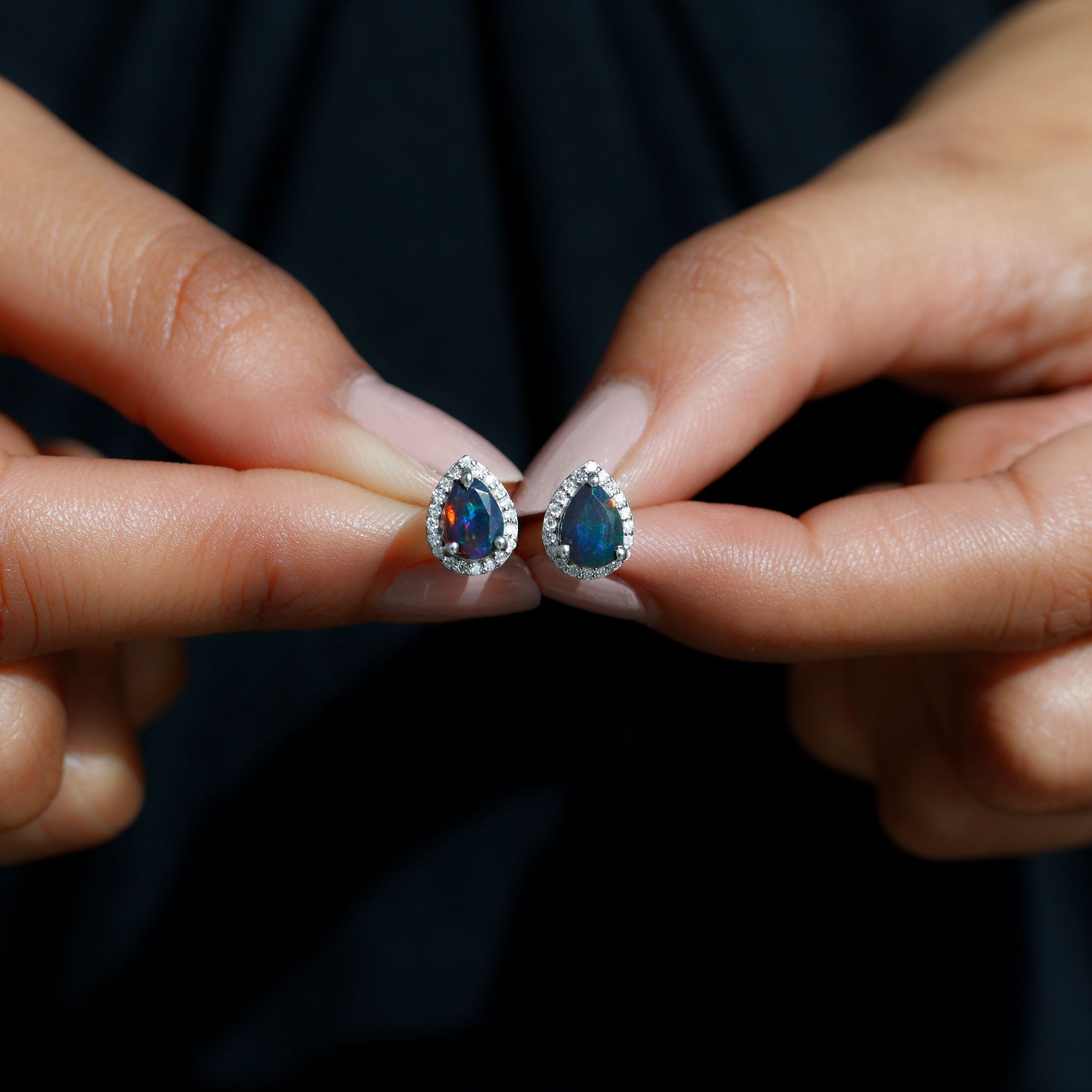 Classic Pear Cut Black Opal and Moissanite Halo Stud Earrings