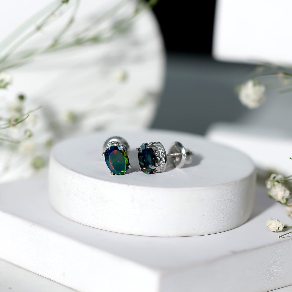 1.8 Carat Oval Black Opal Solitaire Stud Earrings with Diamond