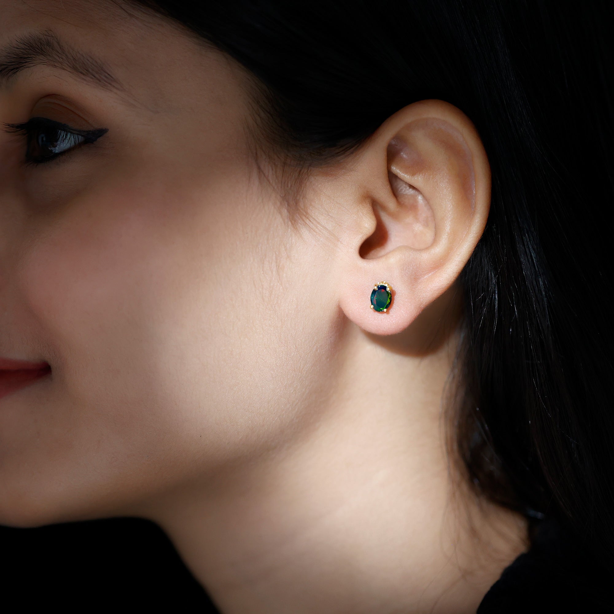1.8 Carat Oval Black Opal Solitaire Stud Earrings with Diamond