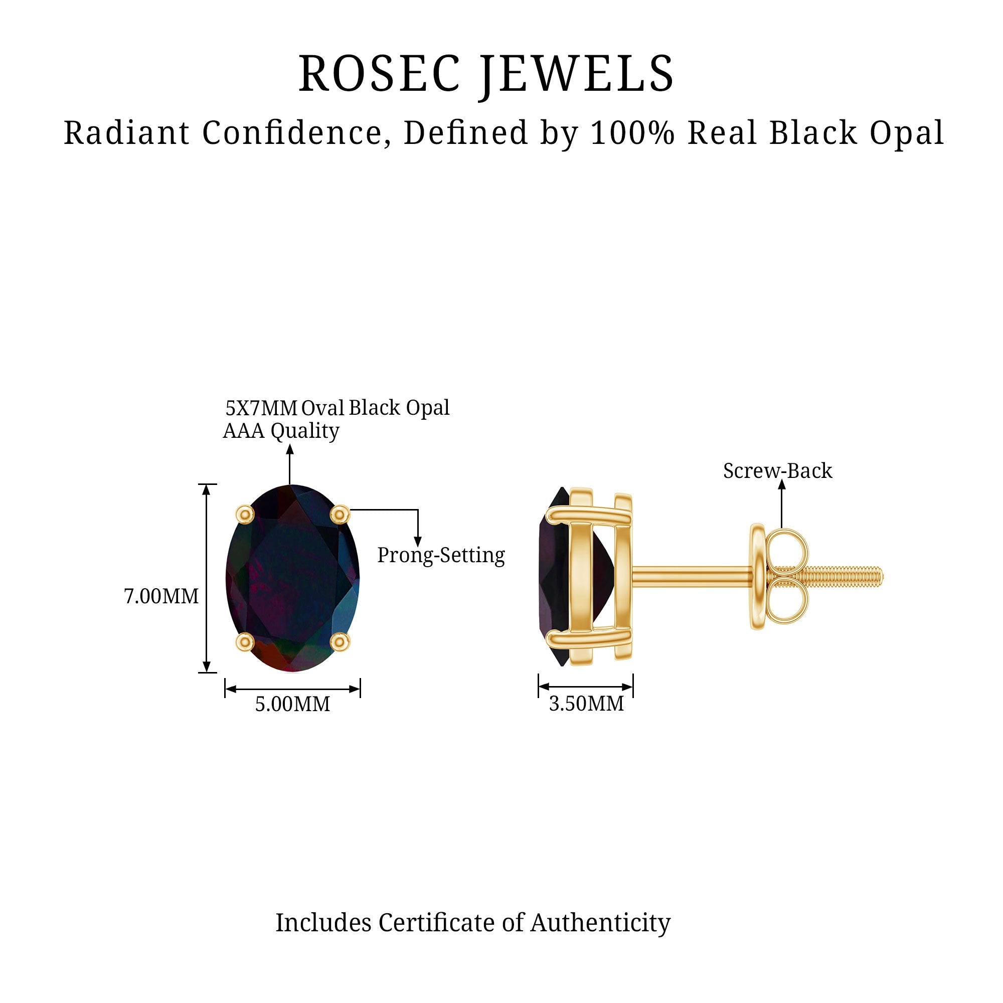 1.8 Carat Real Black Opal Solitaire Stud Earrings in 4 Prong Setting