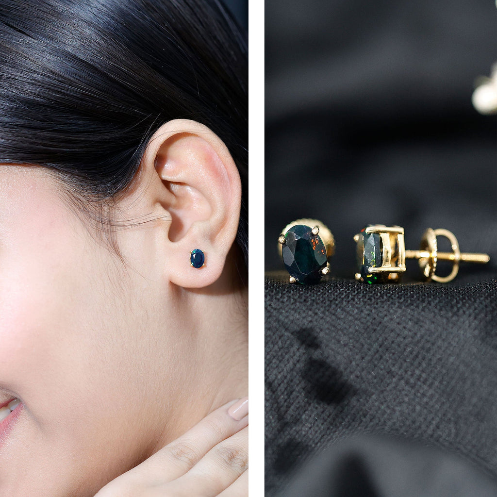1.8 Carat Real Black Opal Solitaire Stud Earrings in 4 Prong Setting