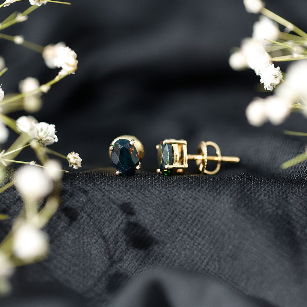 1.8 Carat Real Black Opal Solitaire Stud Earrings in 4 Prong Setting