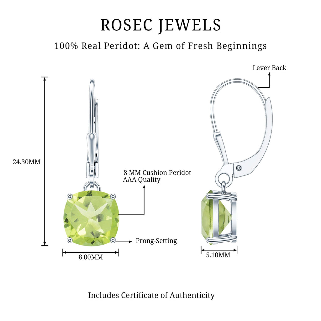 4.2 Carat Cushion Cut Peridot Solitaire Drop Earrings with Leverback