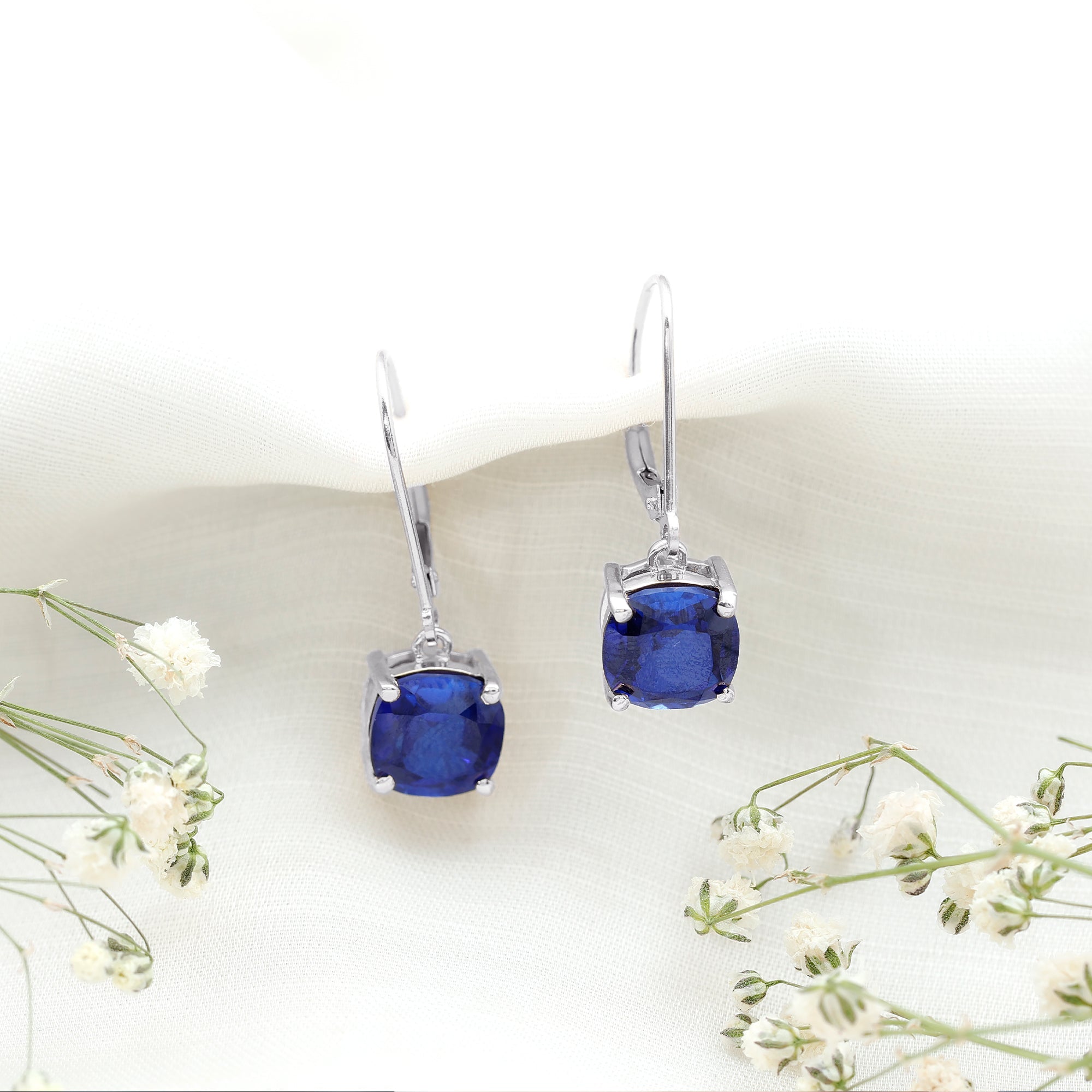 Cushion Cut Lab Grown Blue Sapphire Drop Hoop Earrings